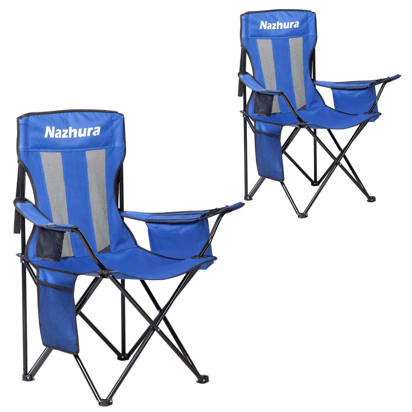 Nazhura 2 Pack Outdoor Camping Chairs Folding/Foldable/Portable with Cooler Pouch, Mesh Backrest and Cup Holder Pocket (Blue, 2 Pack)
