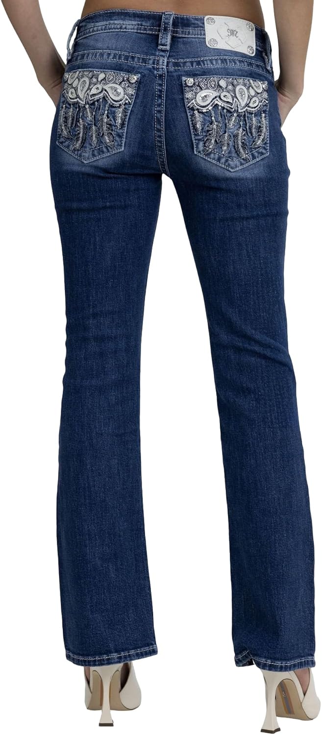 Miss Me Women's Paisley Feather Dreamcatcher Embellished Mid-Rise Bootcut Jeans