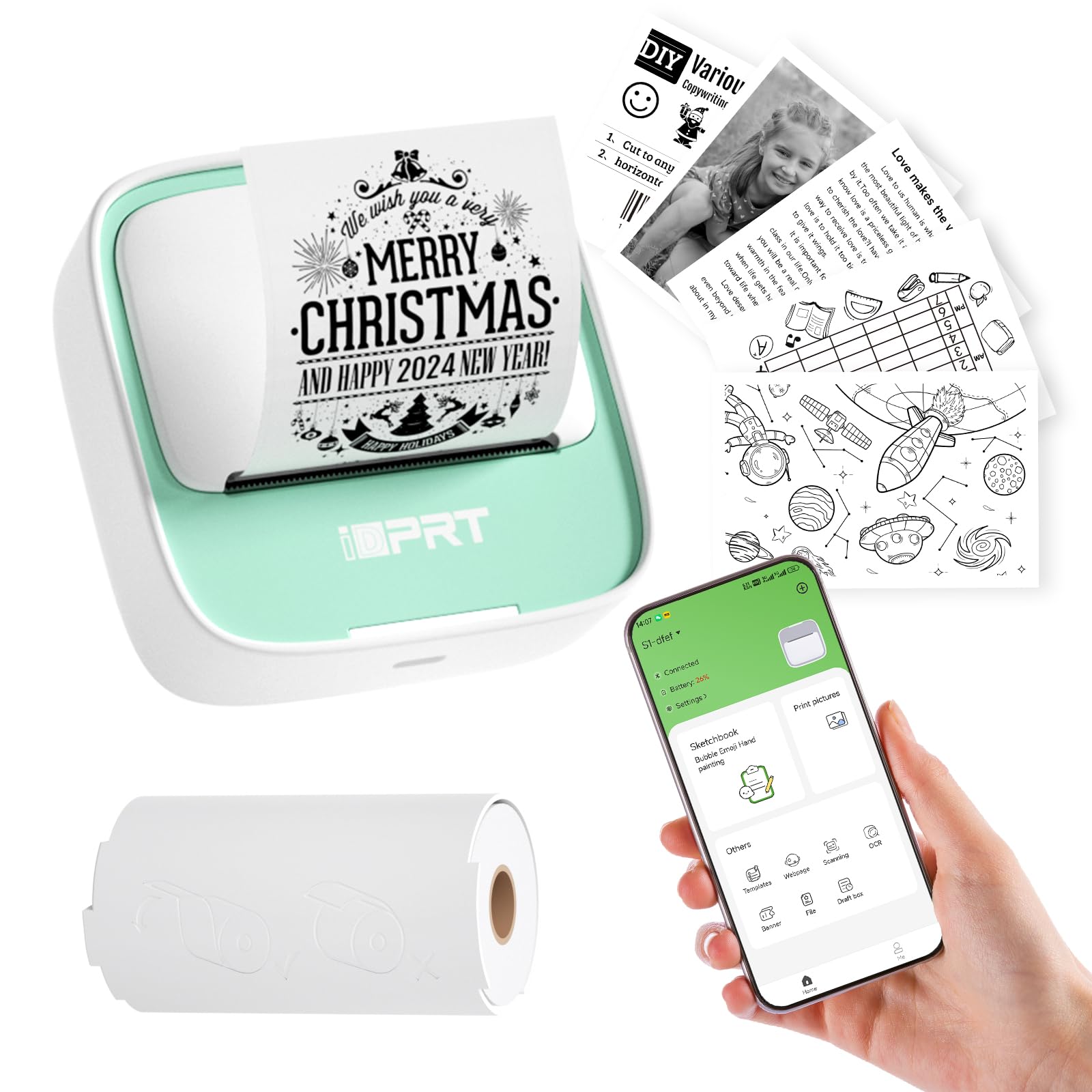 iDPRT Sticker Printer Portable Mini Printer with 1 Roll Sticker Paper | Bluetooth Thermal Inkless Sticker Maker Machine , Compatible with Smartphone, for Study Notes, Pictures, DIY, Label, Gift