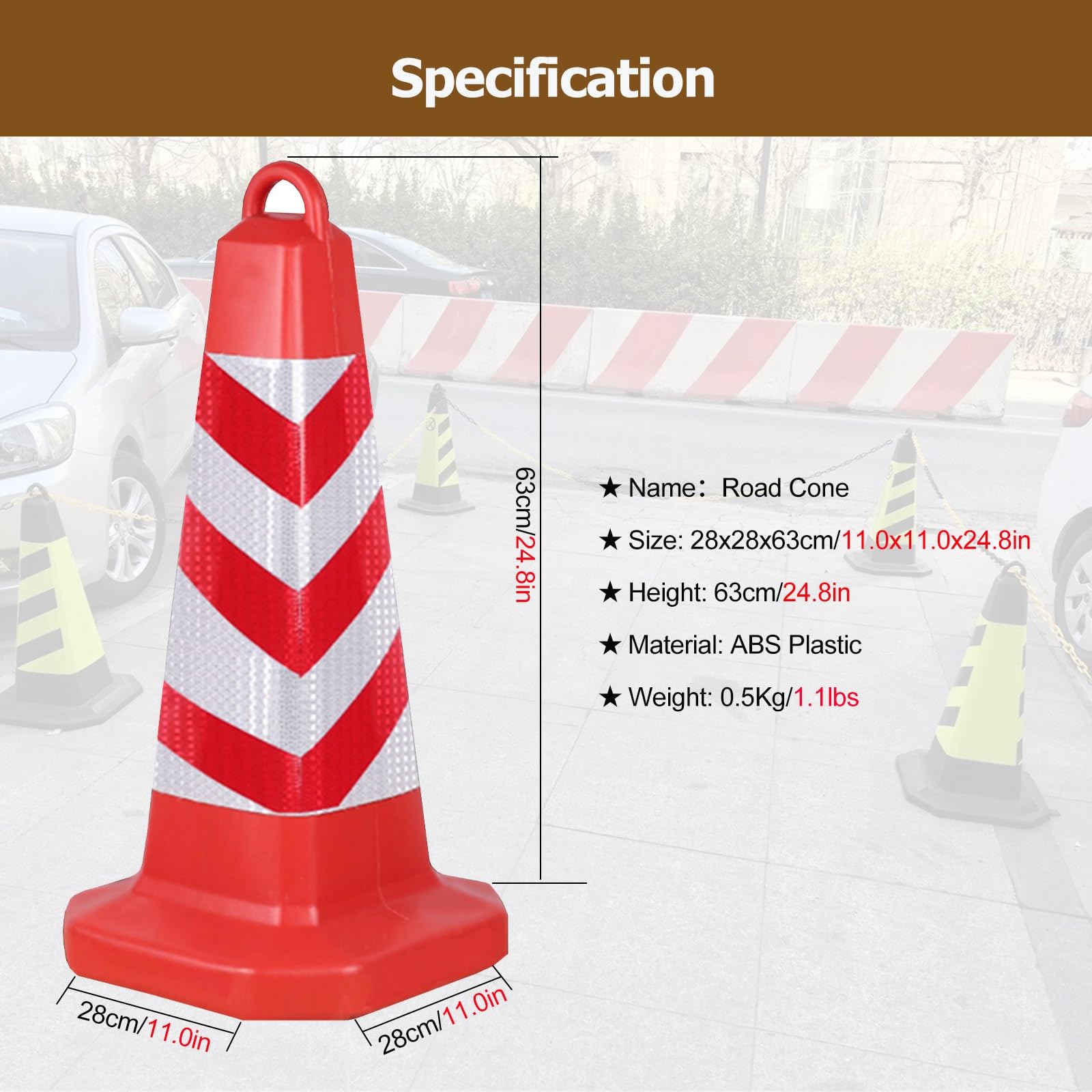 Poteaux de stationnement, Lot de 12 cônes de signalisation légers de 63 cm (24,8 po) - Cônes de sécurité en ABS avec poignées et 2 Tubes de Sable, cônes de stationnement réfléchissants Porta