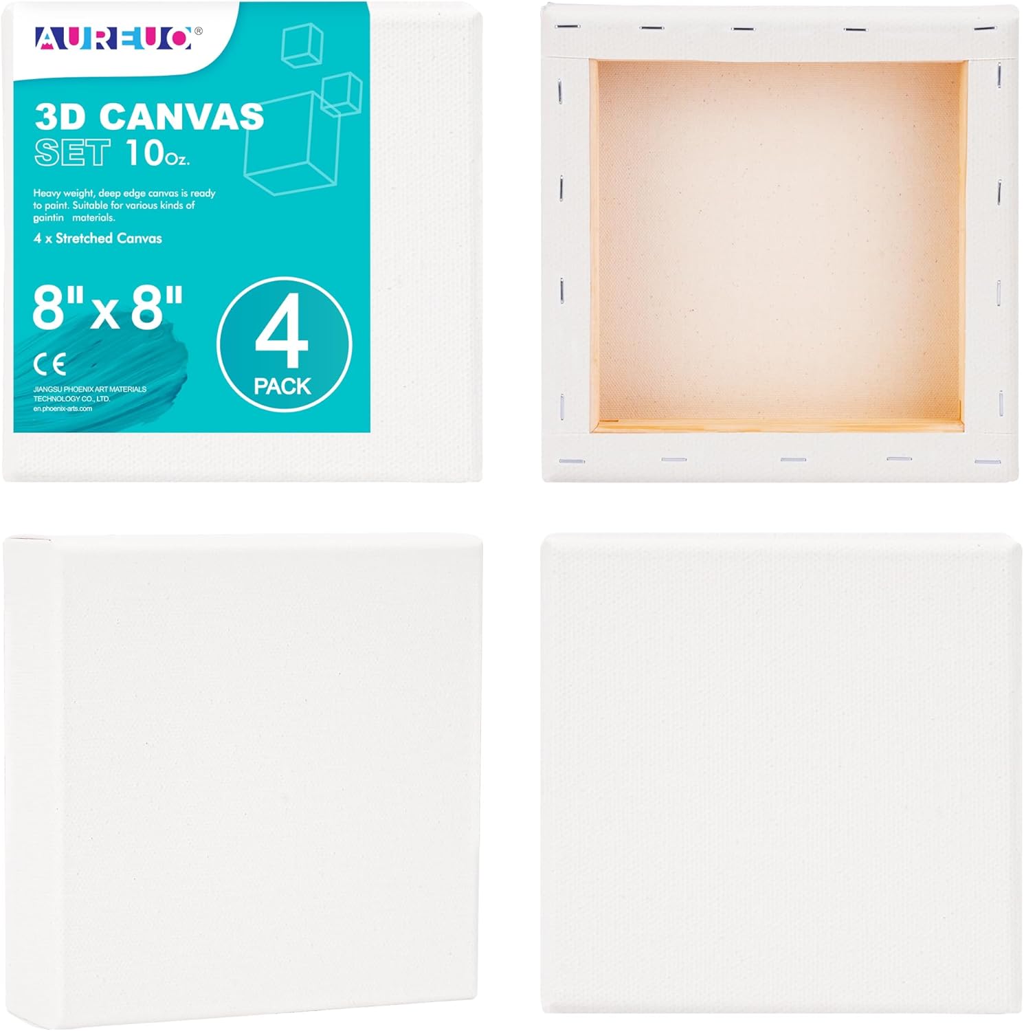 AUREUO 8x8 Inch Gallery Wrapped Canvas - 1.5 Inch Depth 4 Pack - 10 Oz Triple Gesso Primed 100% Cotton Square White Artist Canvases for Acrylic & Oil Paints