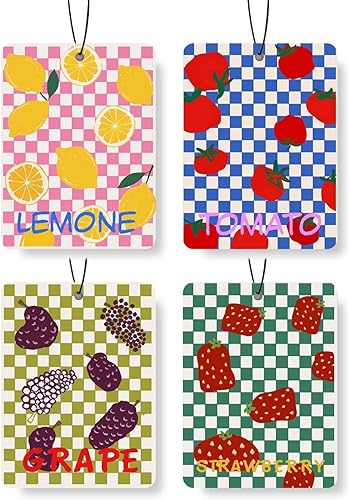 Ambientador de aire para automóvil de frutas a cuadros, 4 piezas, limónfresauvatomate, ambientador colgante para autos, armario, cajón, libros,