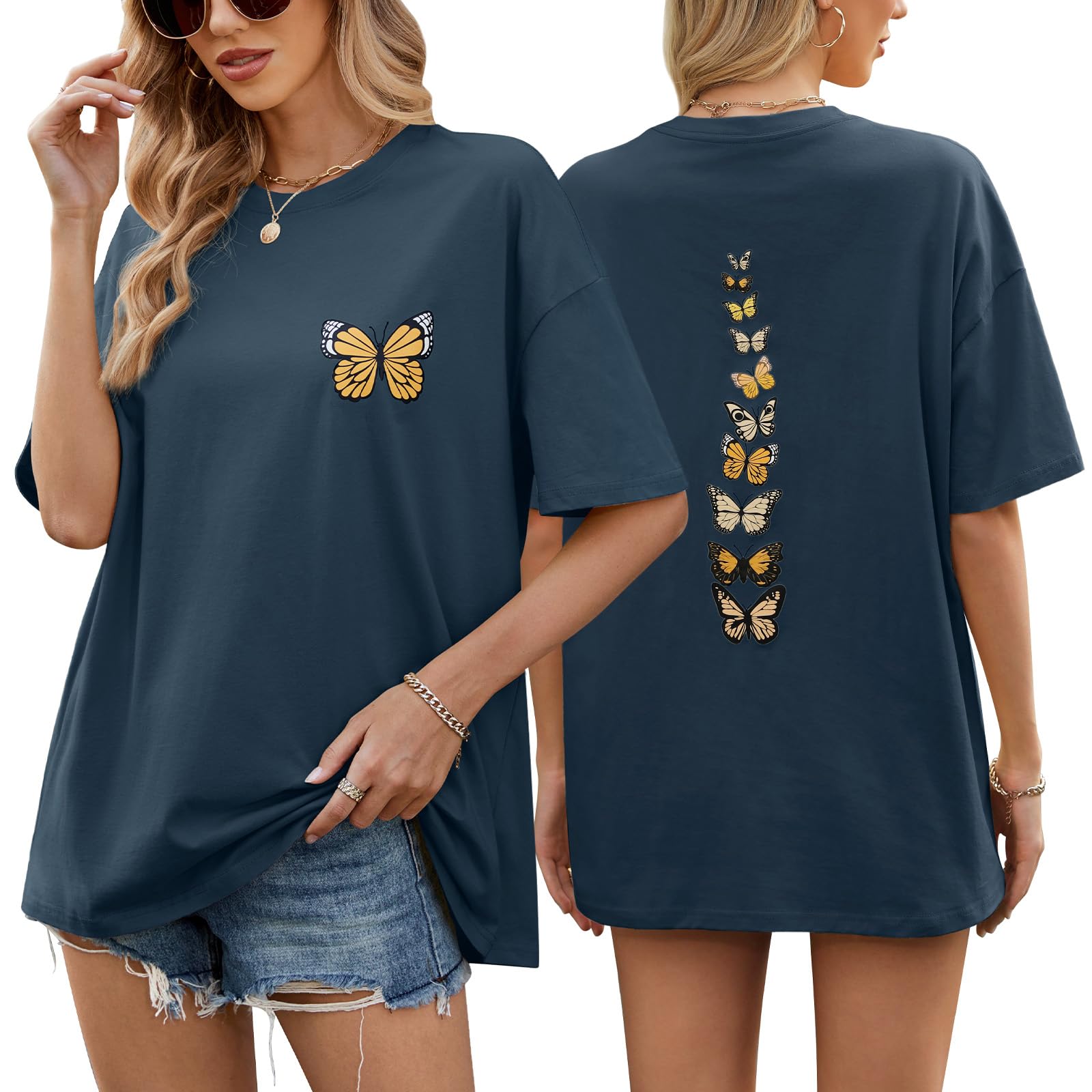 heekpek Damen Tshirt Oversize T Shirt Baumwolle Kurzarm Longshirt Sommer Oberteile Graphic Tee Lang Bluse Tunika Tops für Teenager Mädchen Locker Basic T-Shirt