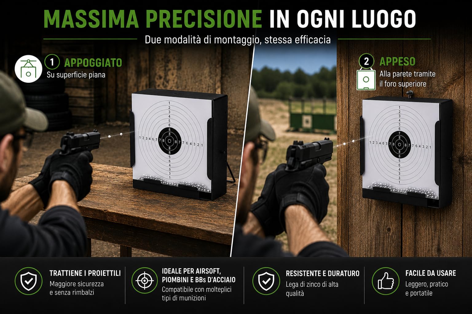 Supporto per bersagli in acciaio 14x14 cm per Airsoft, Airgun, pellet - Nero