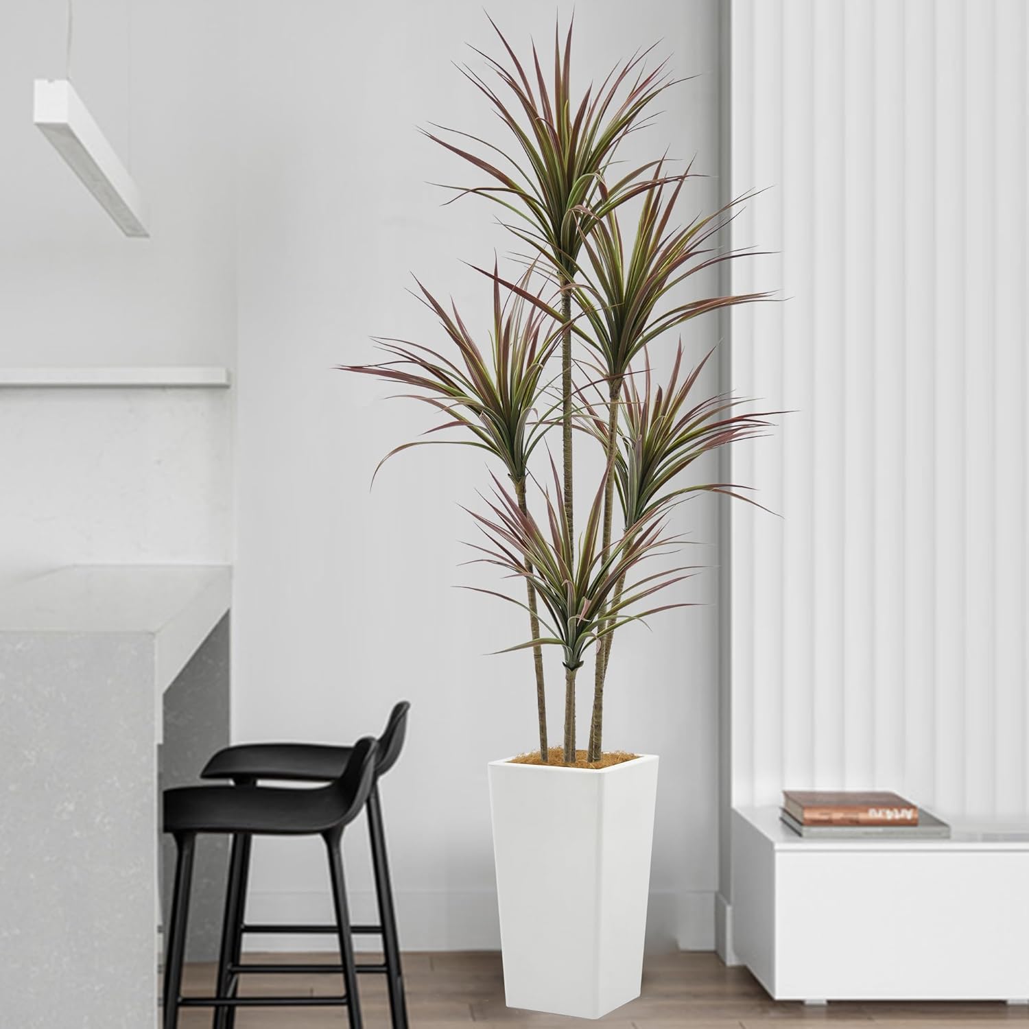 Size 6ft Artificial Dracaena Marginata Bicolor Tree 6FT with 200 Leaves & 5 Heads & White Tall Planter Cover with Coconut Fiber Tall Faux Tropical Yucca Silk Plant for Indoor Home Office Porch Decor