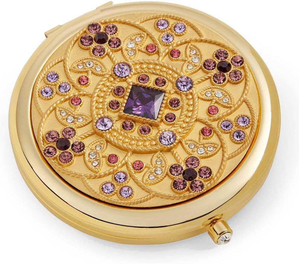 Friendship Gifts For Women / 24k Gold Electroplate Makeup Mirror by Jinvun: Luxury Round Vanity Mirror w/Diamonds/Sturdy Travel Purse Compact Cosmetic Mirror/Folding Magnifying Beauty Mirror