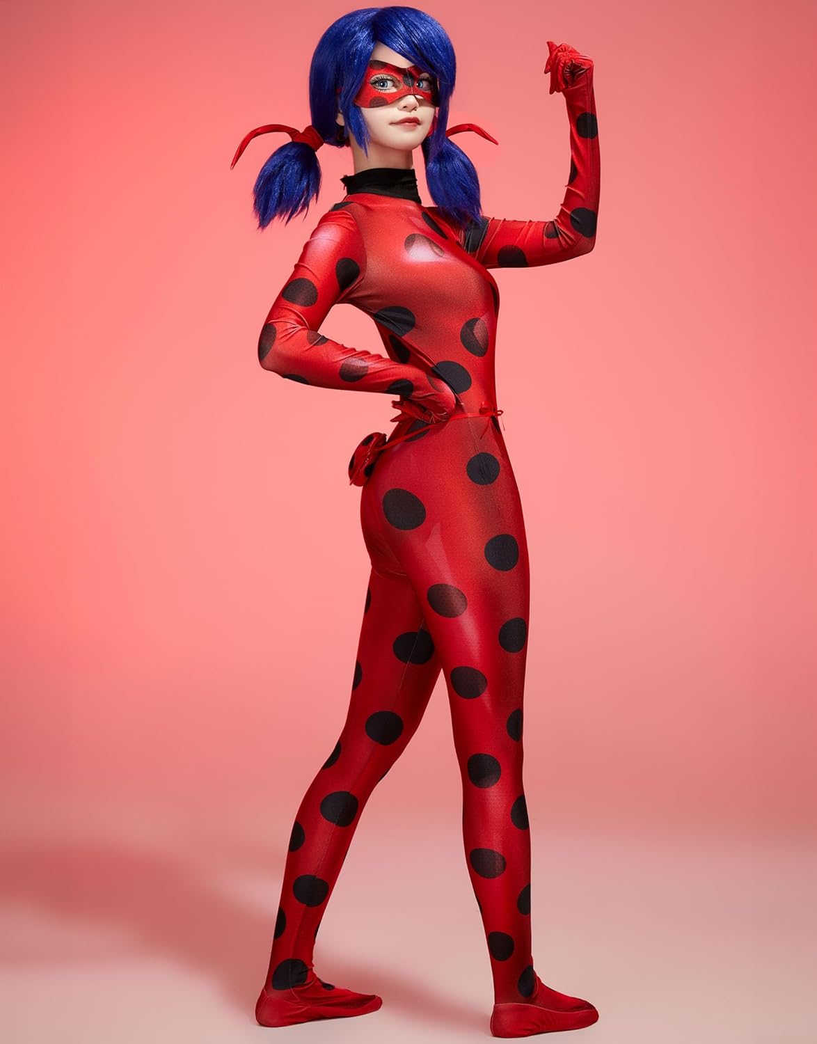 Micotaku Women Miraculous Ladybug Officially Licensed Cosplay Set 3D Digital Printing Jumpsuit with Eye Mask and Yoyo Bag