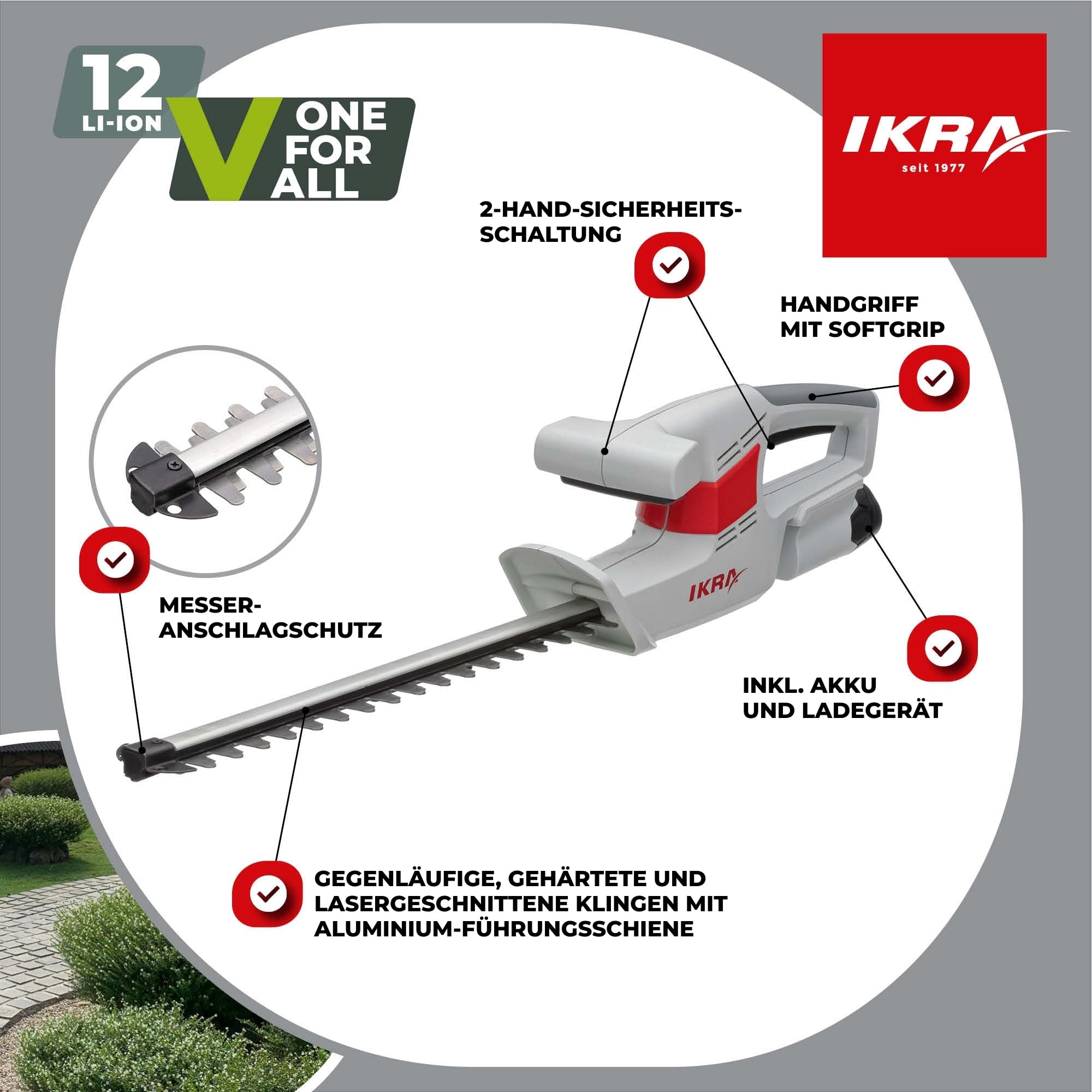 IKRA Heckenschere IAHS 1240 inkl. Akku, Ladegerät & Brille, nur 2kg | Messer mit Aluschiene und Anschlagschutz, Schnittlänge 41 cm, Schnittstärke 14 mm, kompatibel mit IKRA 12V Akku-Familie