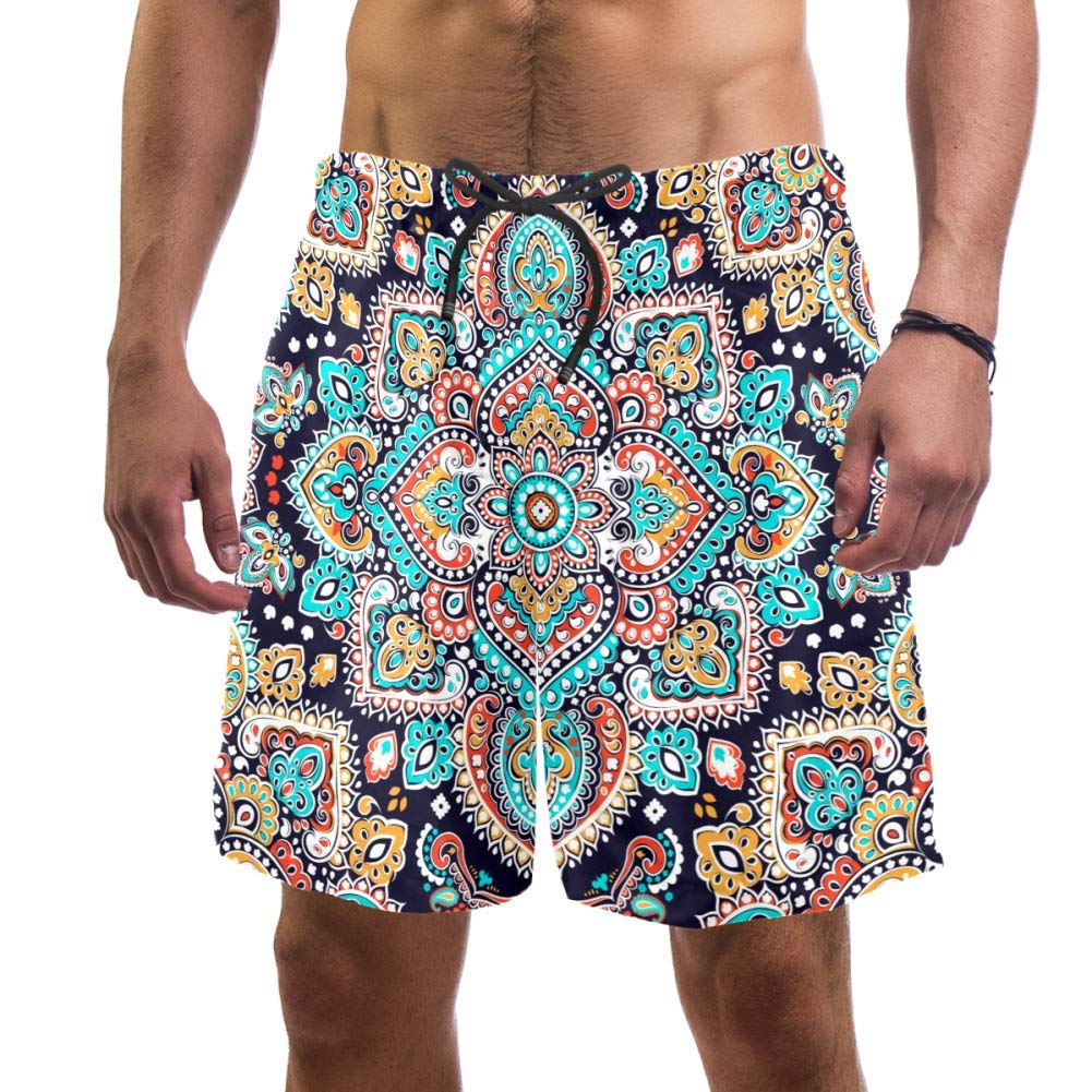 Eslifey Man Beach Shorts Indian Floral Paisley Medallion Mandala Pattern Swim Trunks Elastic Swimsuit Board Shorts for Men