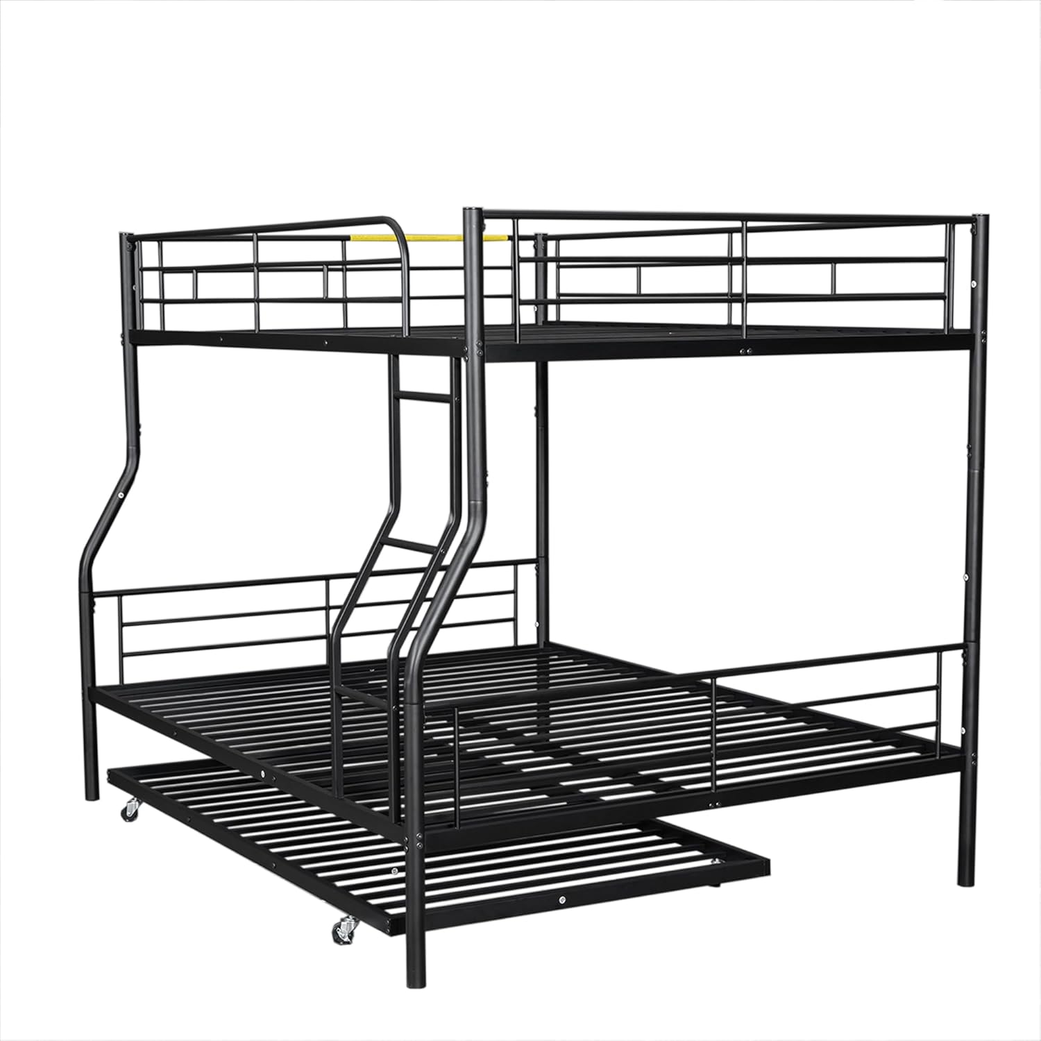 Harper & Bright Designs Full XL Over Queen Metal Bunk Bed with Trundle, Ladder & High Guardrail, Able to Split, Noise Free, Heavy-Duty Steel Loft Bed Frame with Safety Rail for Bedroom, Dorm (Black)