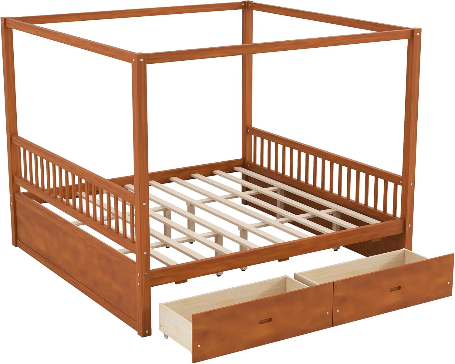 Ball & Cast King Size Canopy Bed Frame with Storage Drawers,Wooden Platform Bed W/Slat Mattress Support,No Box Spring Needed,Bedroom Furniture for Apartment,Guest Room,Living Room,Walnut