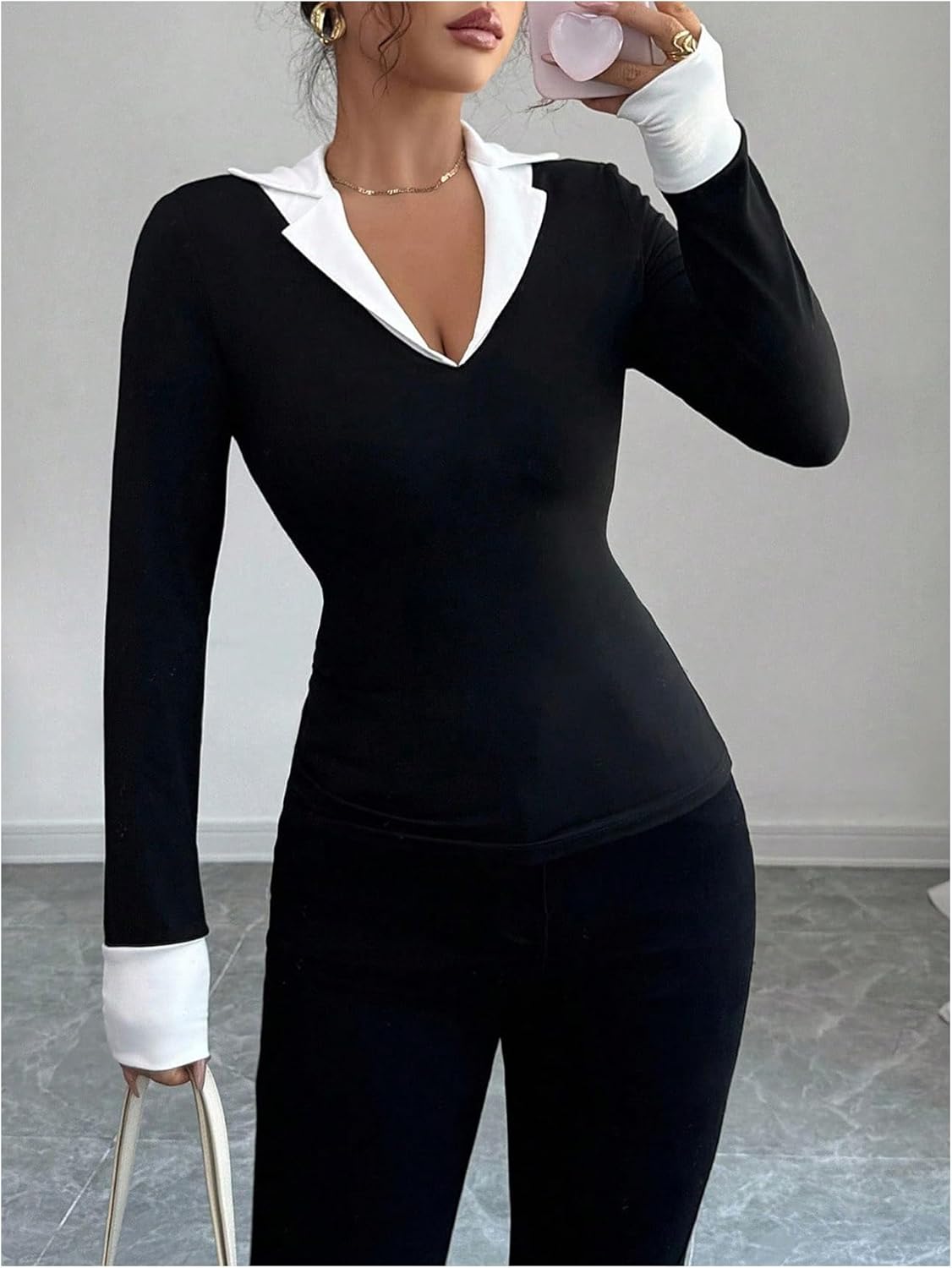 SweatyRocks Women's 2 in 1 Collared V Neck T Shirts Business Casual Long Sleeve Fitted Fall Tees - Image 4