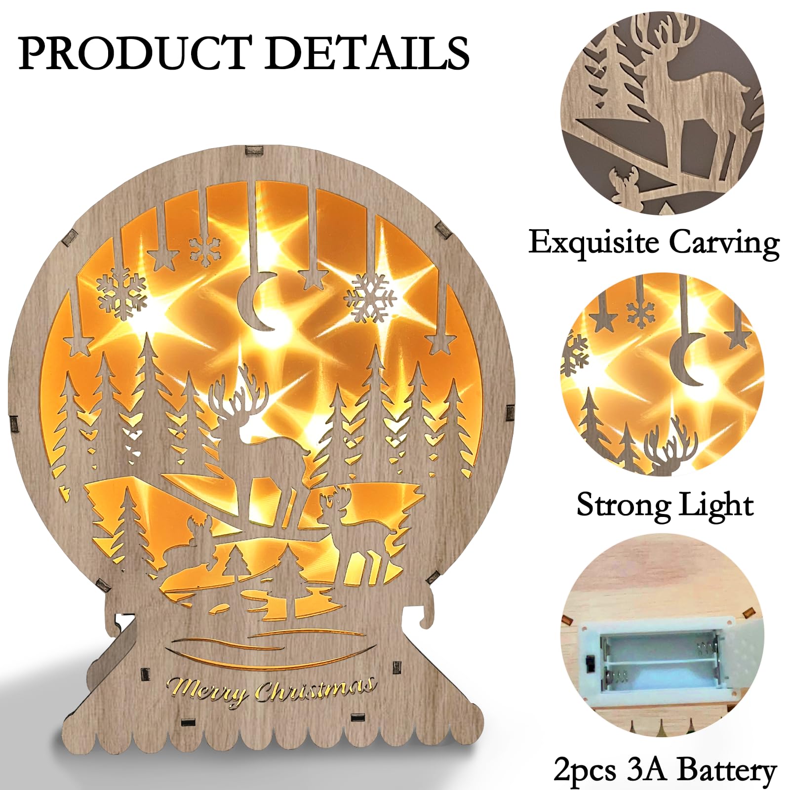 LED Lampada Natalizia In Legno A Forma Di Cervo – Decorazione Luminosa Da Tavolo Con Alce, Albero E Carro – Vintage, A Batteria Per Interni (20x16x4,5 Cm)