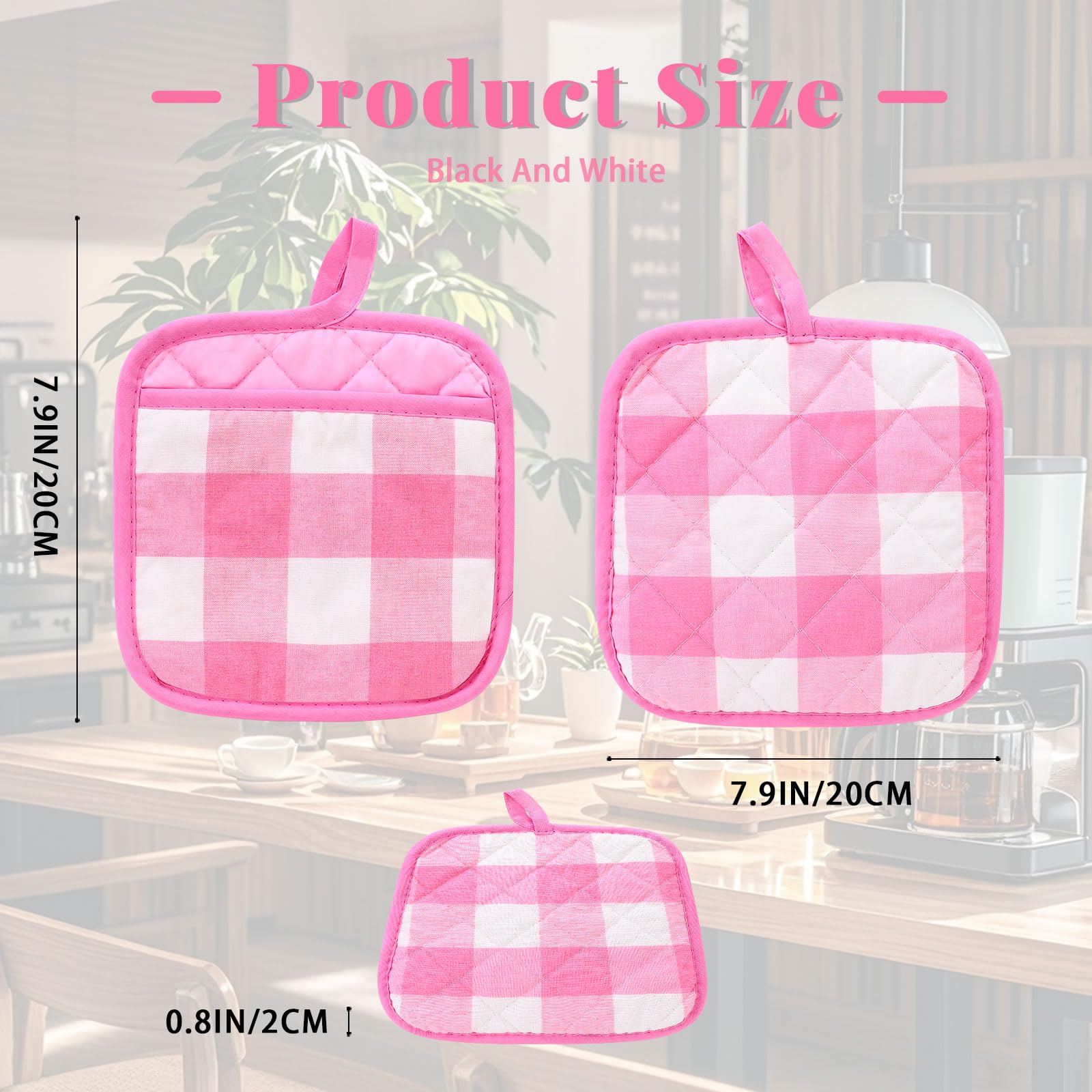 BangBoom 4 Pieces Checked Pot Holders Set, Heat Resistant Oven Mitts Pads with Pocket, Non-Slip Potholders for Kitchens Clearance Backing Cooking Countertop Decor Accessories (White, Pink)