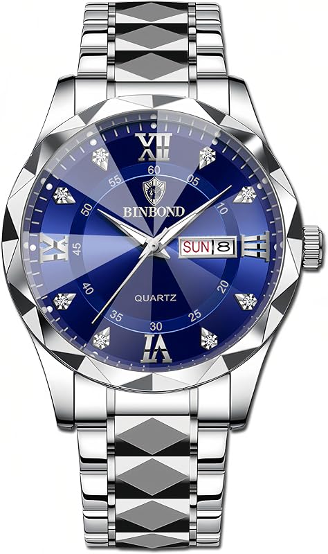 Gosasa Luxury Men's and Women's Business Diamond Stainless Steel Waterproof Roman Numeral Analog Quartz Watch with Day-Date Calendar, Gold and Silver Tone