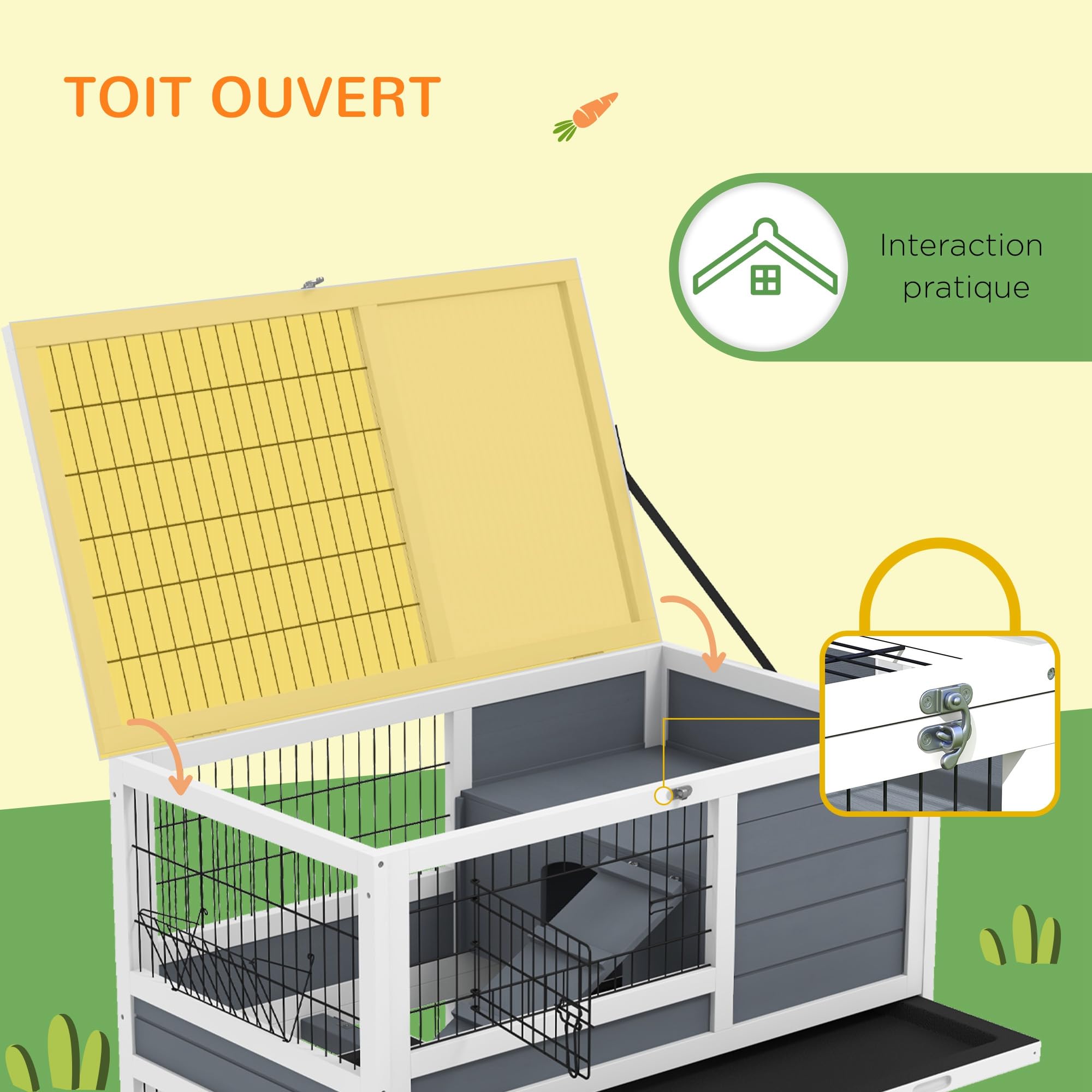 PawHut Clapier en Bois d'intérieur, Cage à Lapin sur roulettes à 2 Niveaux avec 2 Plateaux coulissants, Porte verrouillable, mangeoire, 90 x 53 x 97 cm, Gris