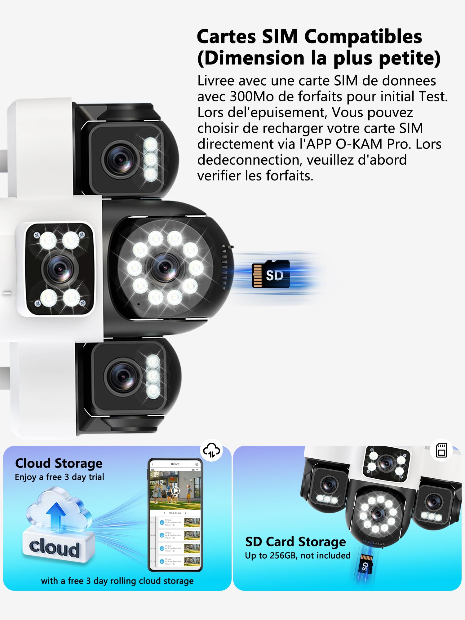 4G LTE - Telecamera di sorveglianza solare con scheda Sim,4 obiettivi, AOV 24/7,4K HD Telecamera esterna senza fili inclinabile a 355°/90°, Solare fotocamera+Batteria, visione notturna, rilevamento