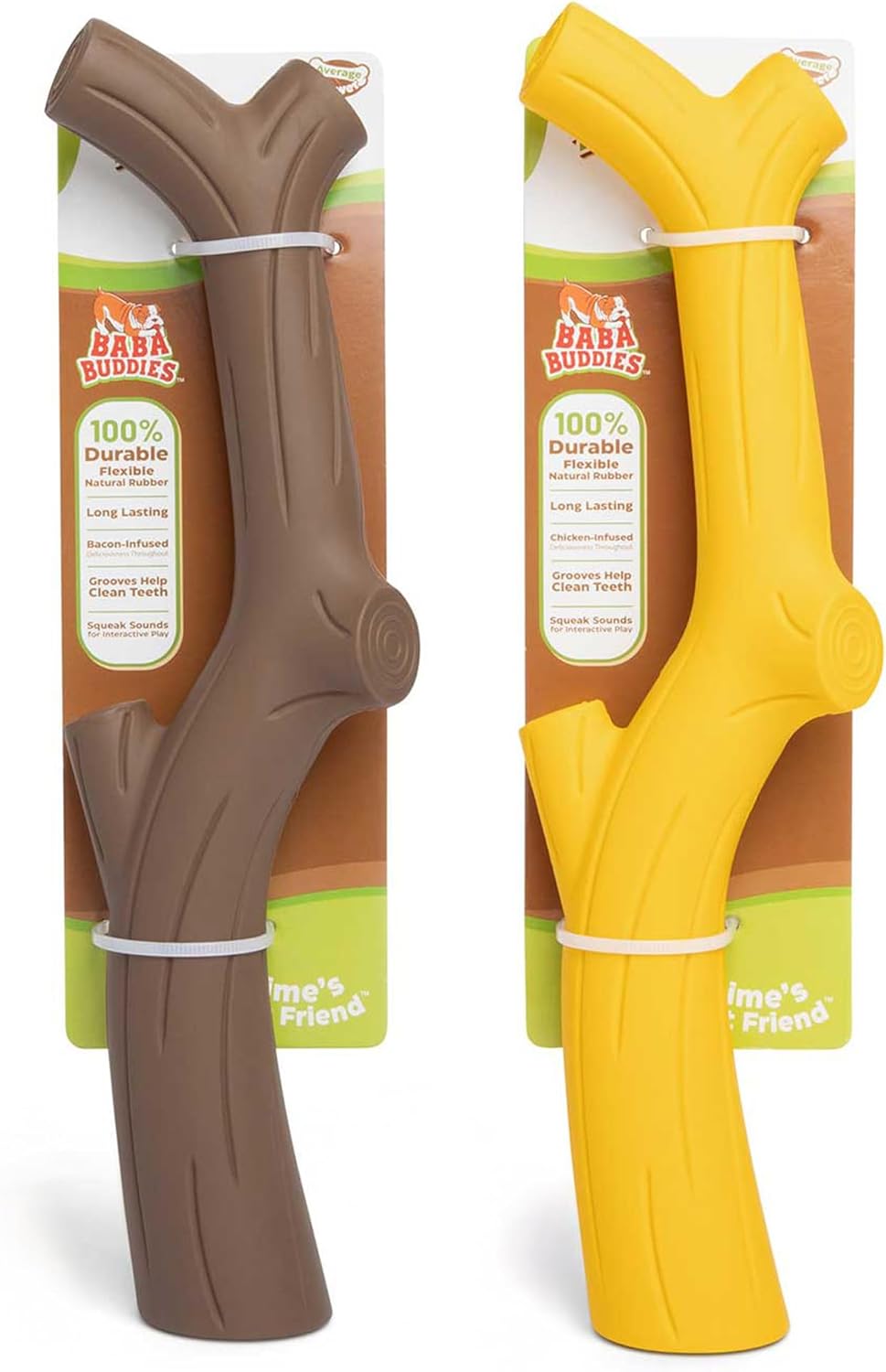 Durable Dog Toy 2-Pack Bundle - Chicken & Bacon Flavored Squeaky Toys for Power Chewers - 100% Natural Rubber Dental Chews for Medium & Large Breeds - Safe & Non-Toxic (Yellow & Brown)