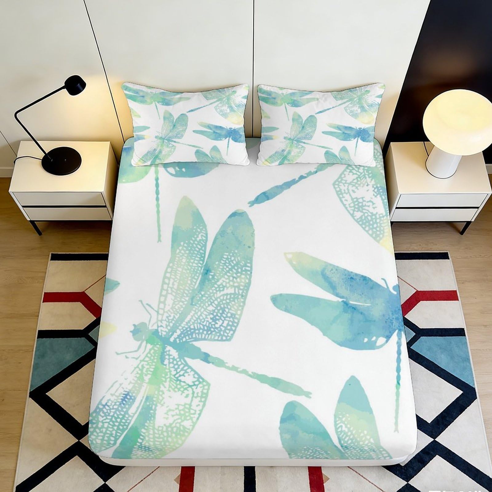 3D Printed Watercolor Dragonfly Fitted Sheet Microfiber Soft Breathable Pastel Insect Bed Cover for Bedroom Guest Room Decor 180x200x25cm