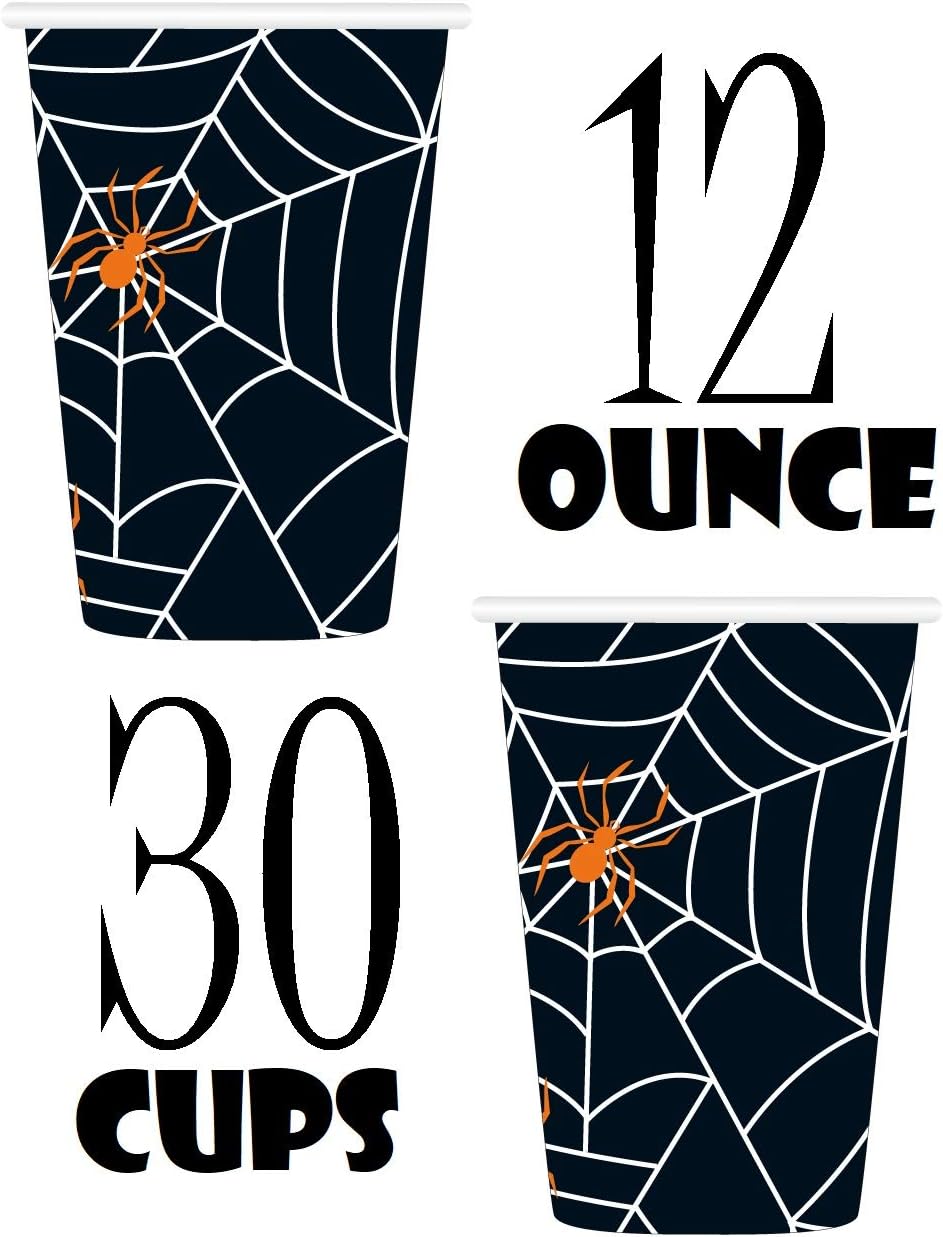 Serves 30 | Complete Party Pack | Halloween Iridescent Spider Web | 9" Dinner Paper Plates | 7" Dessert Paper Plates | 9 oz Cups | 3 Ply Napkins | 2 Table Cover | Halloween Banner | Halloween Party Decorations Halloween Party Theme : Toys & Games