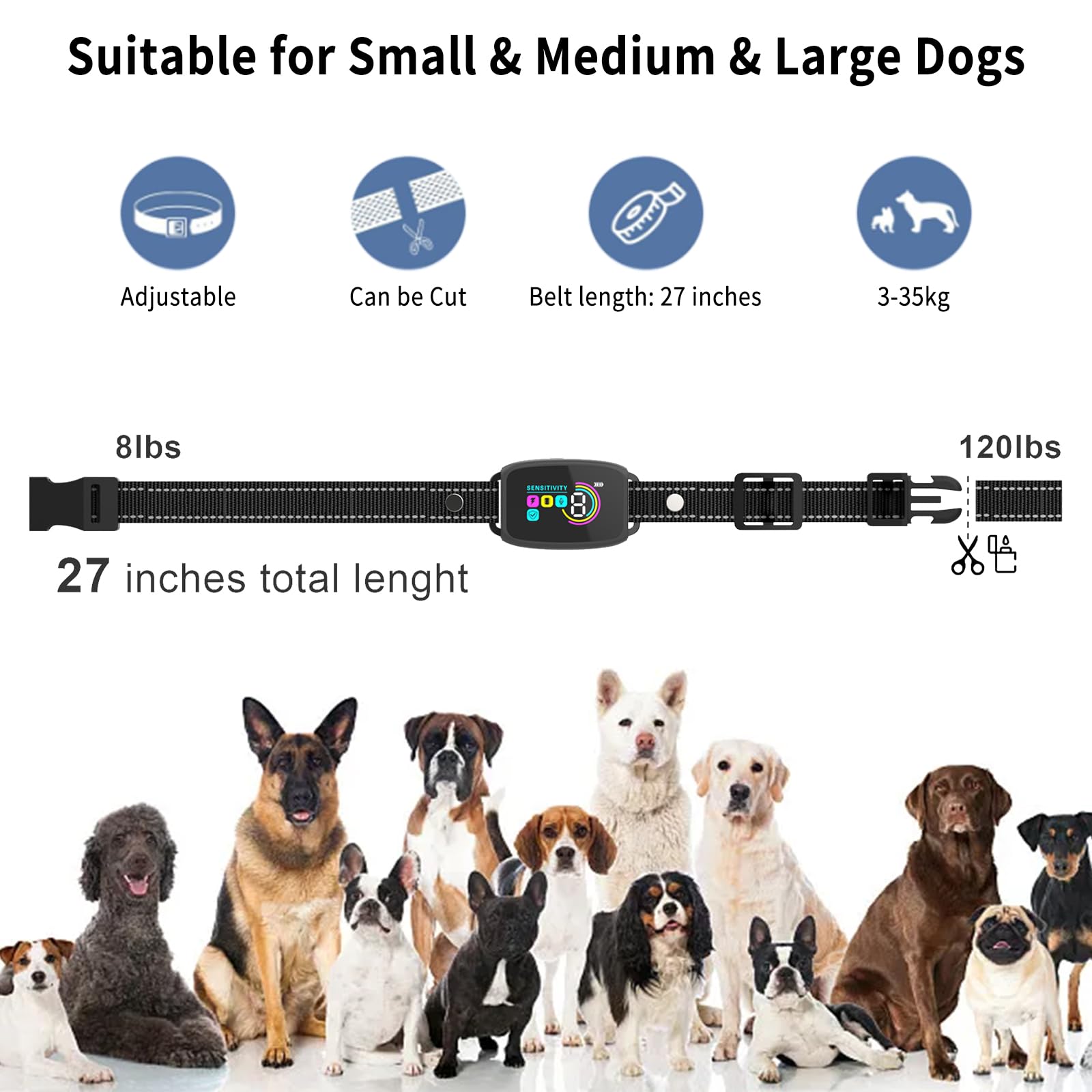 Collare Antiabbaio Per Cani, 8 Modalità Livelli di Sensibilità, Collare Anti Abbaio Ricaricabile, Modalità Suono/Vibrazione Forte, Impermeabile IP67, Per Cani Piccoli e Grandi (Nero)