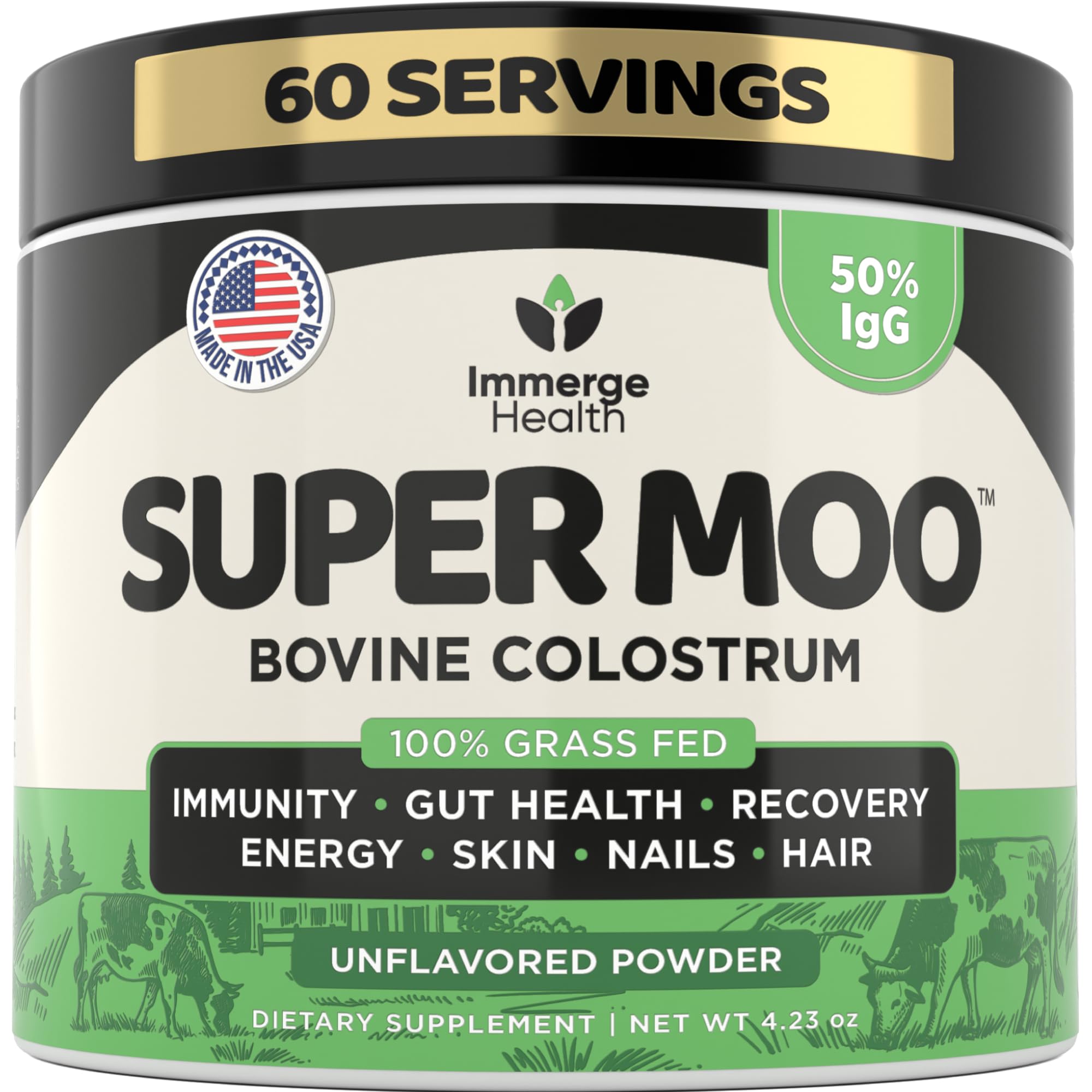 Super MOO Grass Fed Bovine Colostrum Powder for Bloating, Immune, Energy, Gut Health Hair, Skin and Nails Colostrum Supplement | 50% IgG Cow Colostrum for Humans | Superfood for Women, Men and Kids