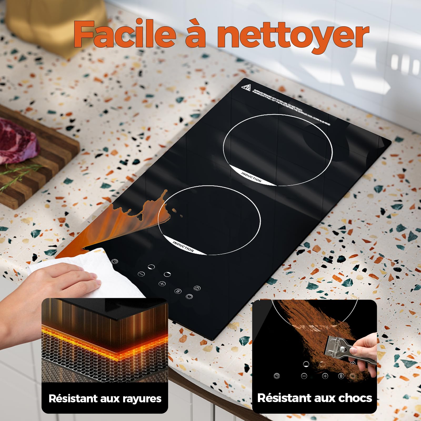 Topwish plaque induction 2 feux, plaque de cuisson induction 2 feux, plaque de cuisson electrique 30cm con verrou de sécurité, funzione Boost, voyant de surface chaude, protection d'extinction, 3500W
