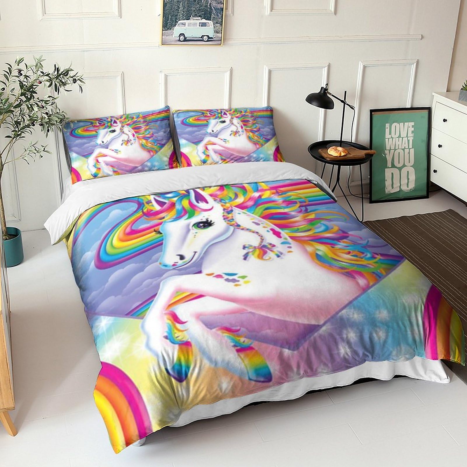 Ensemble de literie 3D licorne pour chambre de fille avec housse de couette zippée et taies