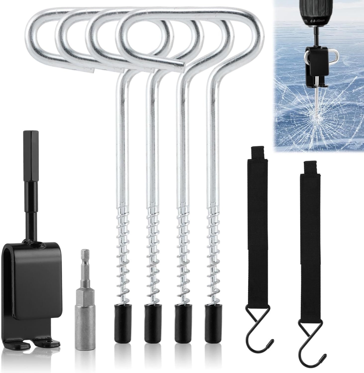 8pcs Ice Fishing Anchor Tool Kit, Ice Anchor Drill Adapter Kit, Ice-Fishing Shelter Stake Nail with Ice-Fishing Shelter Coat Hooks, for Setting Up ICES Fishing Shelters Tent