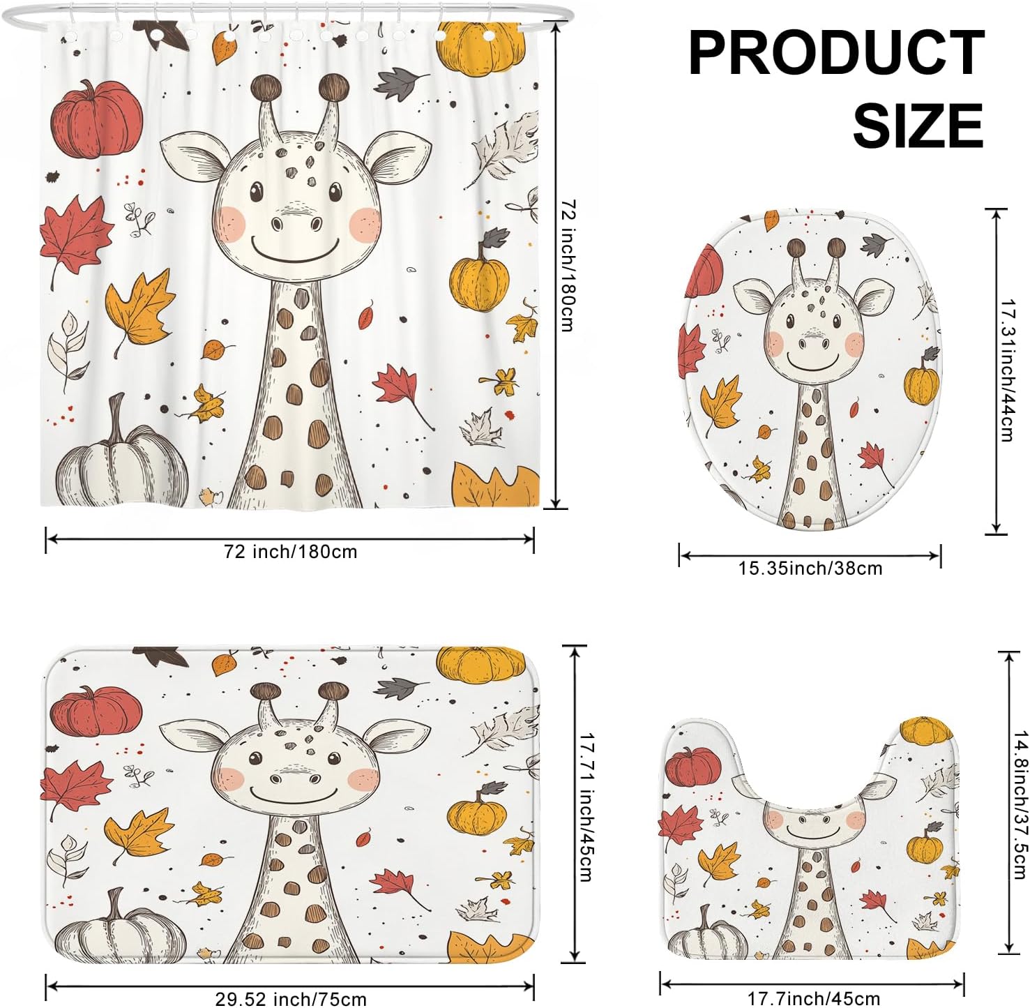 4PCS Cartoon Fall Giraffe Bathroom Accessory Sets with Non-Slip Rug, U Shape and Toilet Lid Cover Mat, Autumn Kid Harvest Bathroom Fabric Decor-72''x72''