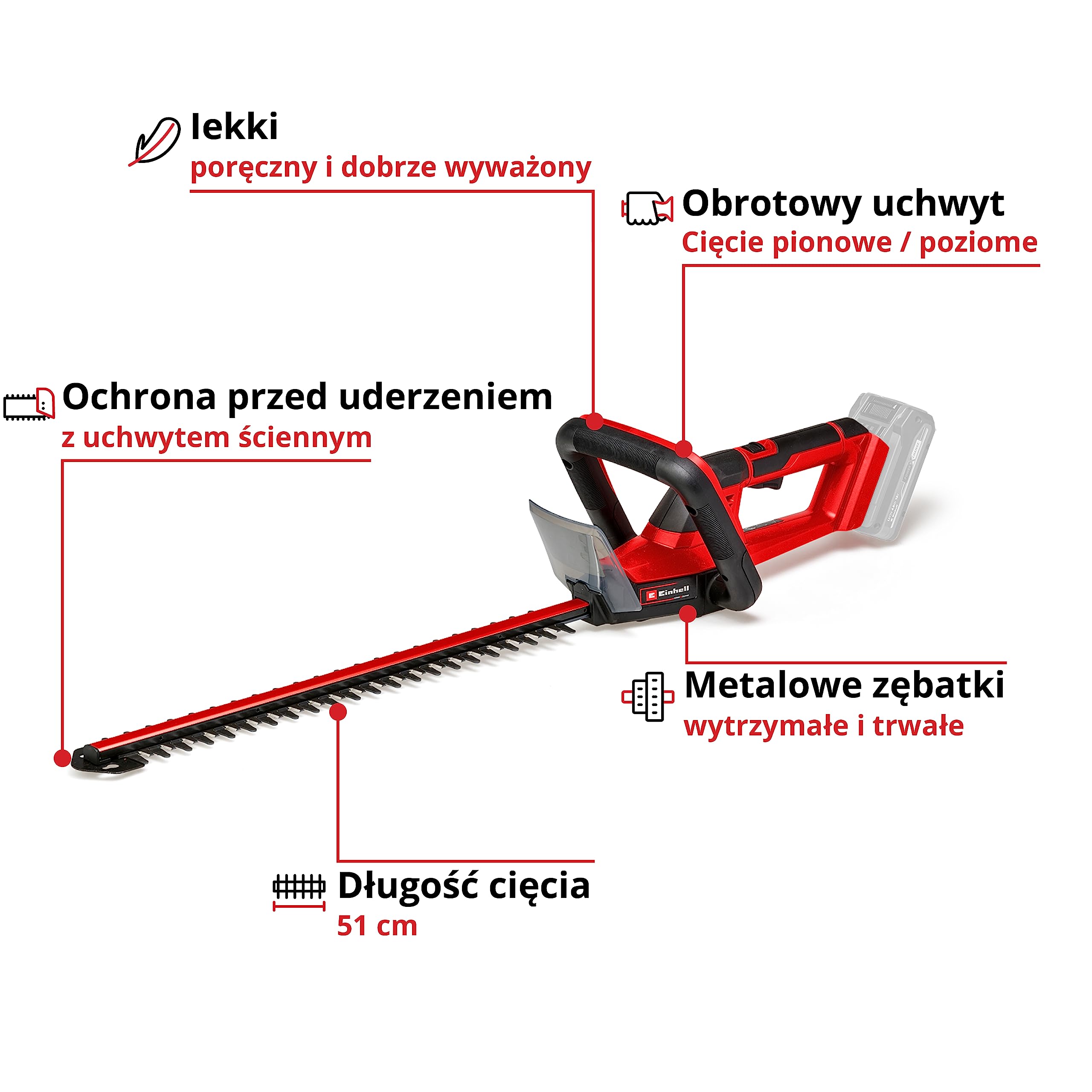 Einhell Akumulatorowe nożyce do żywopłotu GC-CH 18/50 Li Solo Power X-Change (Li-Ion, 18 V, metalowa przekładnia, aluminiowa osłona ostrza, z walizką, bez akumulatora i bez ładowarki)