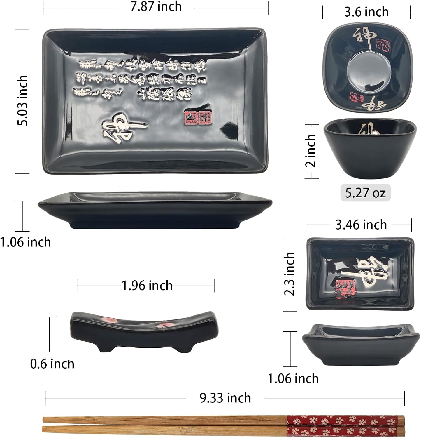 10 pcs Japanese Sushi Plate Sets Serving Platters and Trays for Entertaining Sushi Dishes Set Plates Sushi Plates Traditional Cuisine Dinnerware Sets with Chopsticks Black Shen