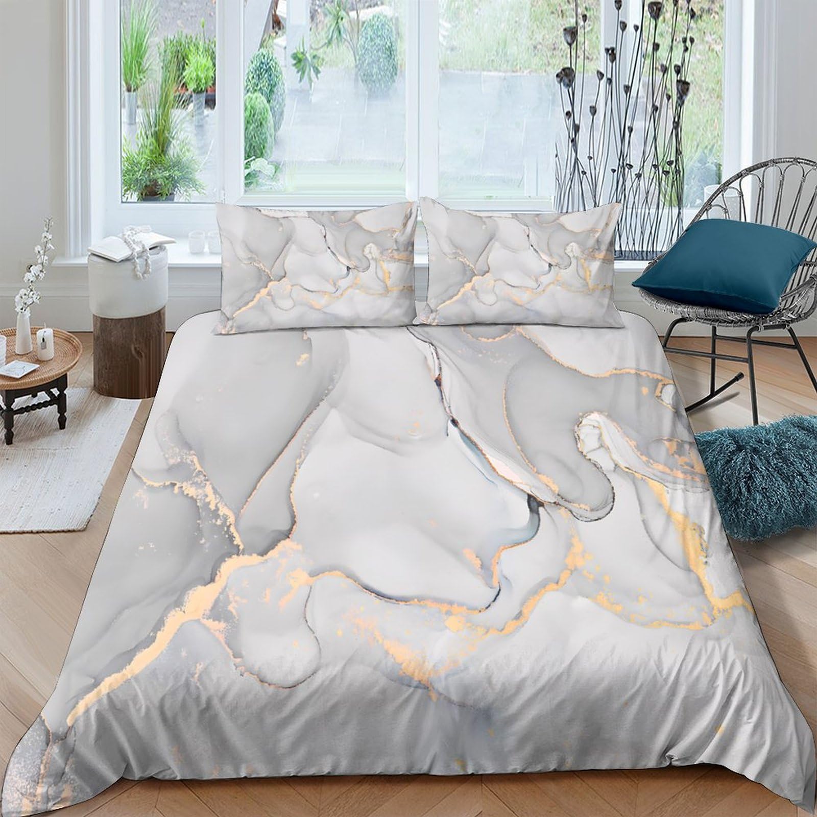Ctjqhvkz Style-6 3D Printed Marble Texture Fitted Sheet Microfiber Soft Grey Gold Abstract Mattress Cover For Bedroom Guest Room Easy Care Single（135X200cm）