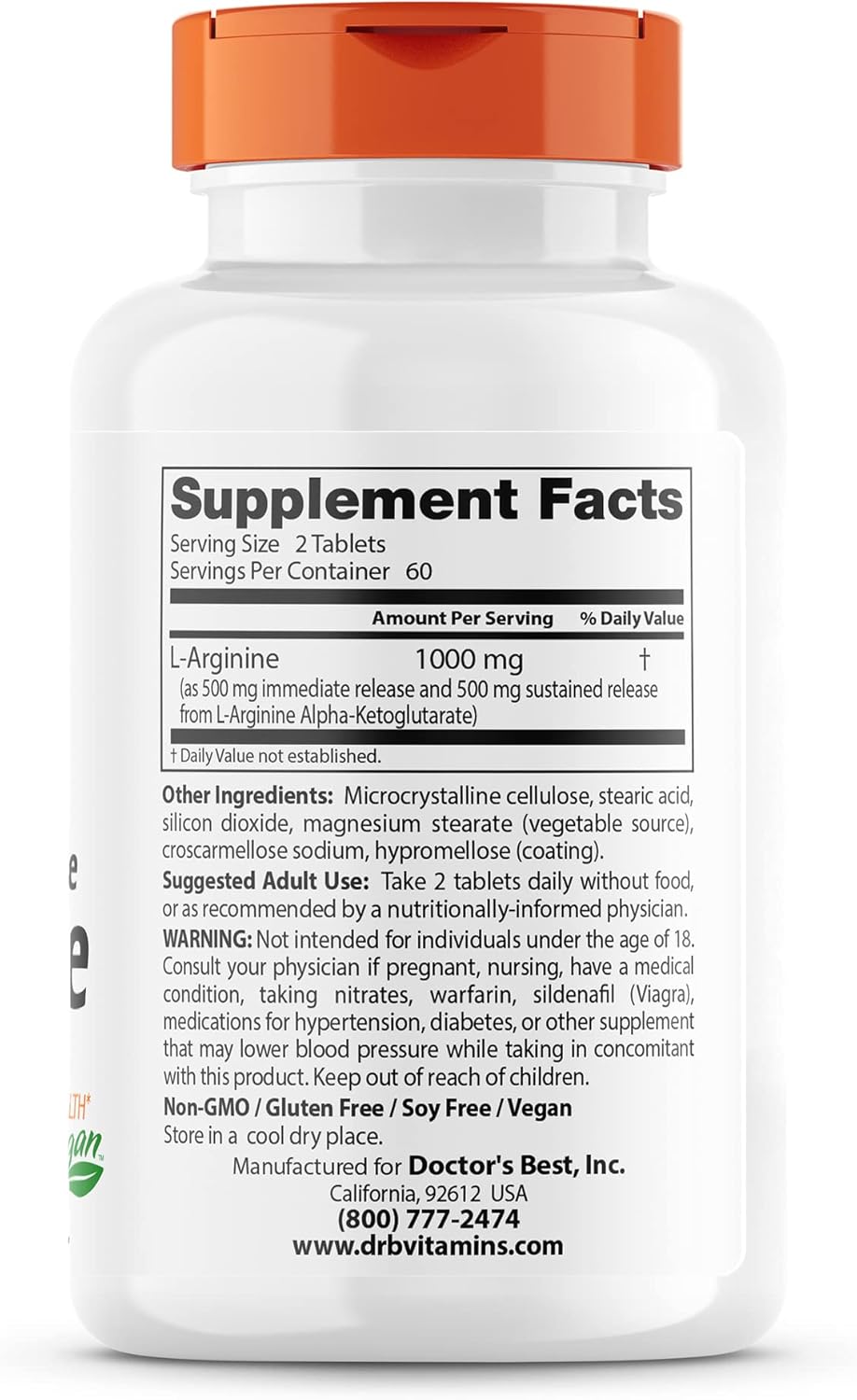 Doctor's Best Sustained Plus Immediate Release L-Arginine, Non-GMO, Vegan, Gluten & Soy Free, 500 mg, 120 Count : Health & Household