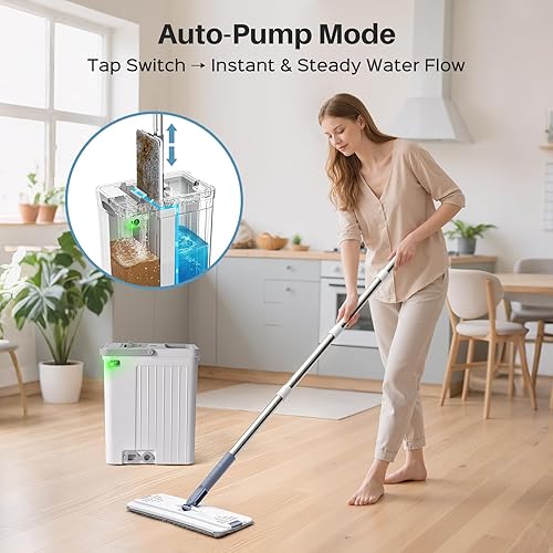 Miniatura 4 de Juego de trapeador y cubo con bomba automática, trapeador de piso de agua sucia y limpia separada de 3 zonas, sistema de trapeador plano y cubo con