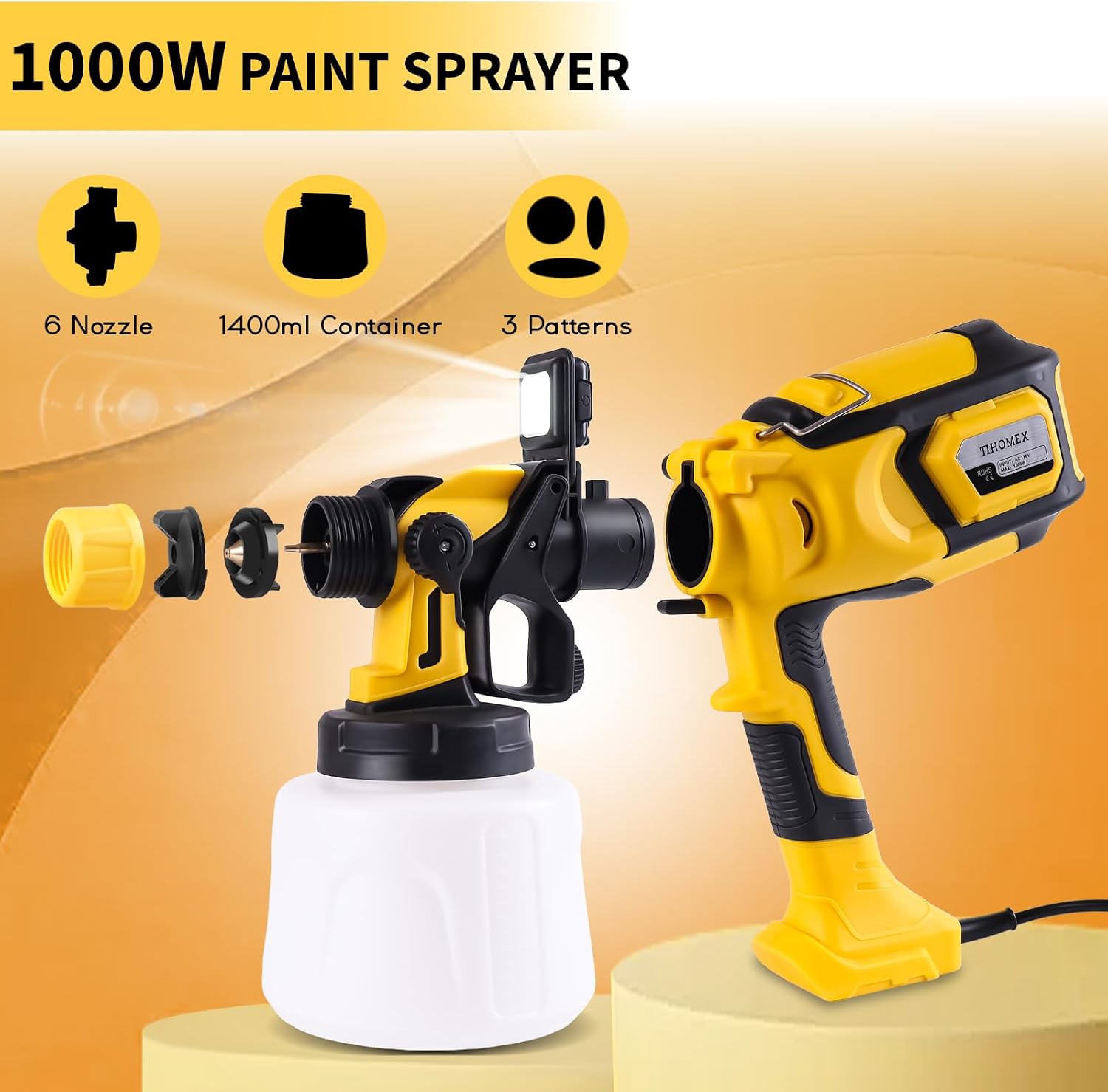 LED Light Paint Sprayer,1000W Paint Gun with Cleaning & Blowing Joints,1400ml Cup Spray Paint Gun with Adjustable Flow Width,6 Nozzles and 3 Patterns,Yellow Paint Sprayer for House Painting
