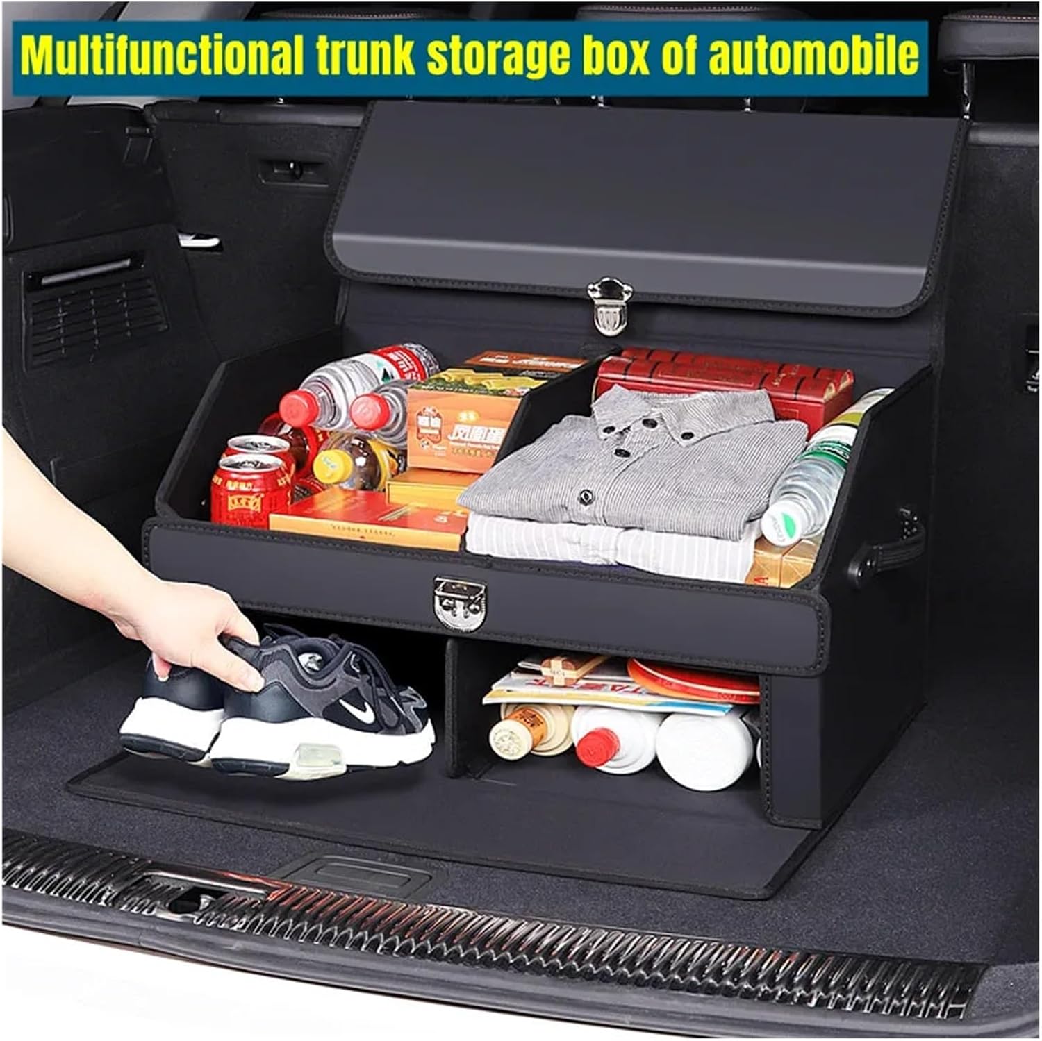 Large Capacity Car Trunk Organizer Box with Lid - Leather Foldable Storage for Tools & Auto Accessories | Compatible for BMW/Benz/Tesla/VW | Multi-Use SUV/Sedan Organizer with Adjustable Compartm