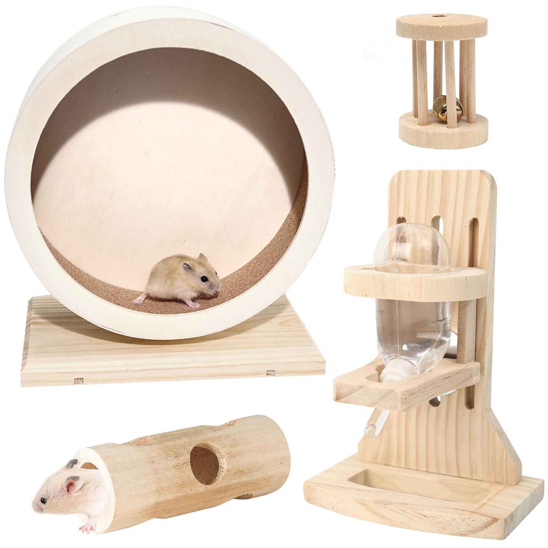 antiai 4 Pack Hamster Wheel Set,8.2Inch Medium Size Slience Quiet Spinner Hamster Running Wheels,Hamster Water Feeder Accessories Chew Toys for Guinea