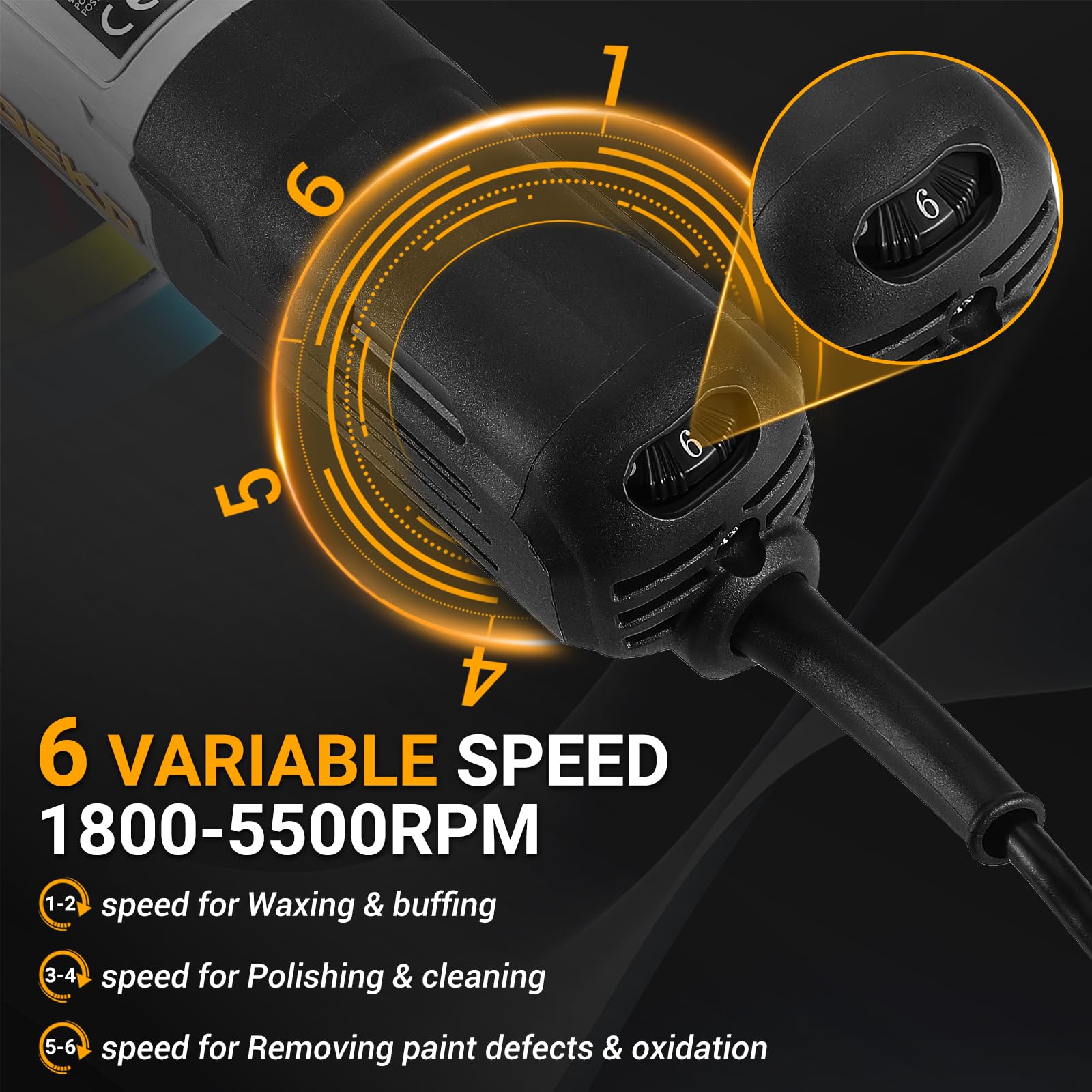 Pulidora de Doble Acción, DEKOPRO 800W Kit Pulidora Coche，con 150MM Almohadilla Abrasiva, 6 Velocidades Variables, 1800-5500 RPM, 9MM Orbital - Para Detallar, Pulir y Encerar el Coche