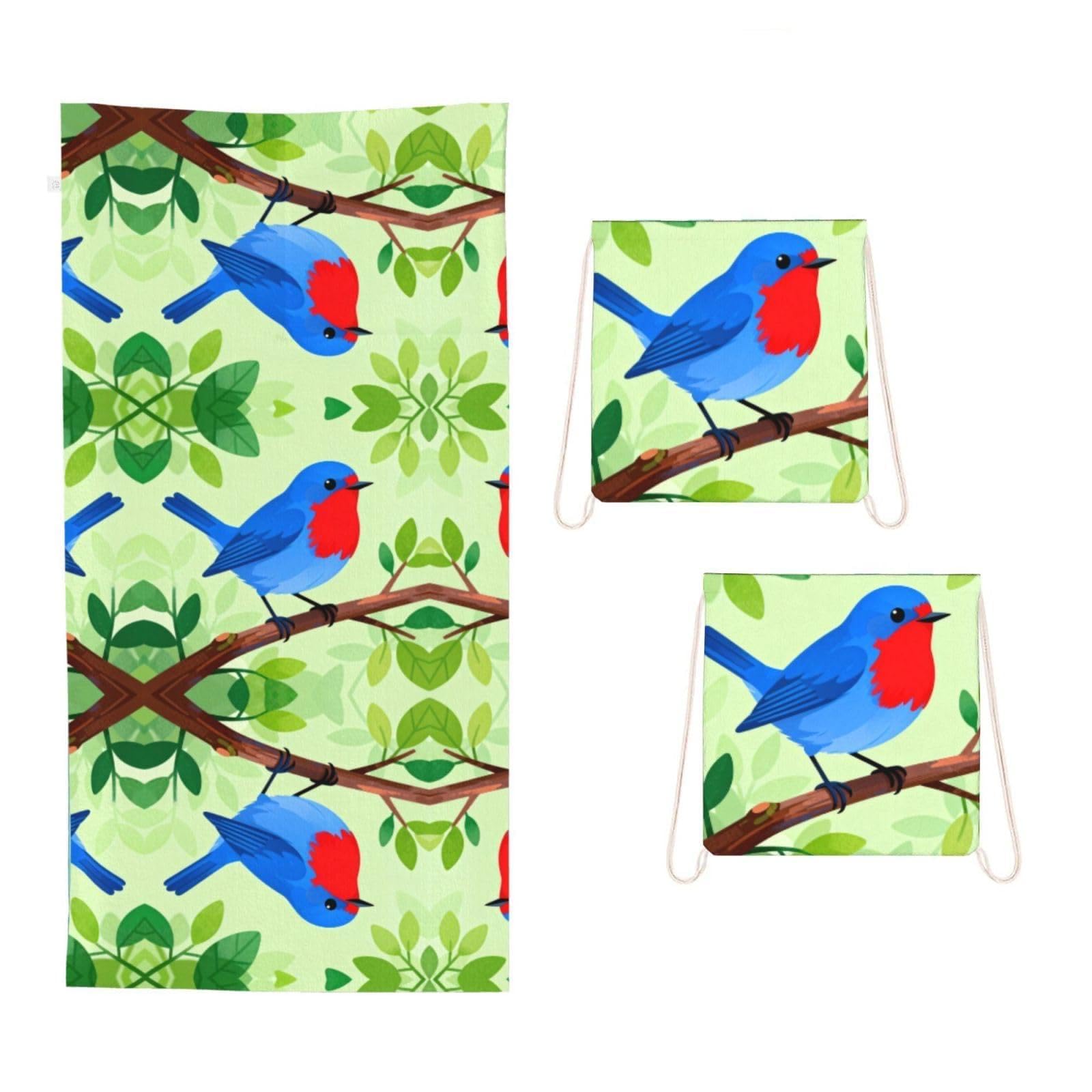 CNTDBU Blue Bird Branch 2 in 1 Packable Towel Bag-Large Beach Towel with Stuff Sack, Super Absorbent Microfiber Travel Towel for Pool