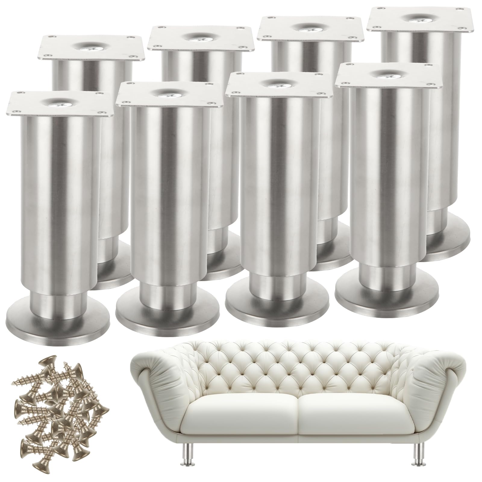 WOPPLXY 8 PCS Furniture Legs 15CM - 6inch Silver Cold Rolled Steel Adjustable Sofa Leg Height 15cm - Furniture Feet Accessories
