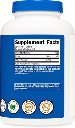Miniatura 5 de Nutricost Bitartrato de colina 650 mg, 240 cápsulas vegetarianas - Sin OMG, apto para vegetarianos, sin gluten