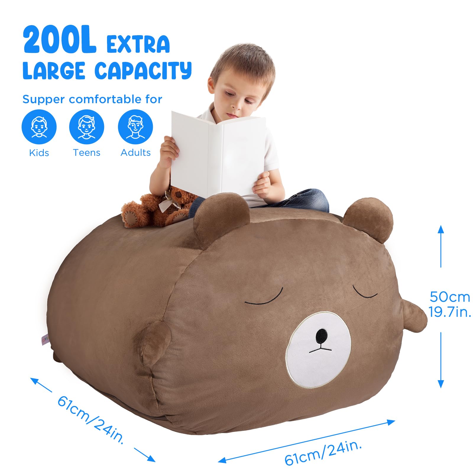 GAGAKU Stuffed Animal Bean Bag Cover Toy Storage, 24 Inches Kids BeanBag Brown Bear Large Zipper Bean Bag for Organizing Kids Plush Toys Home Supplies