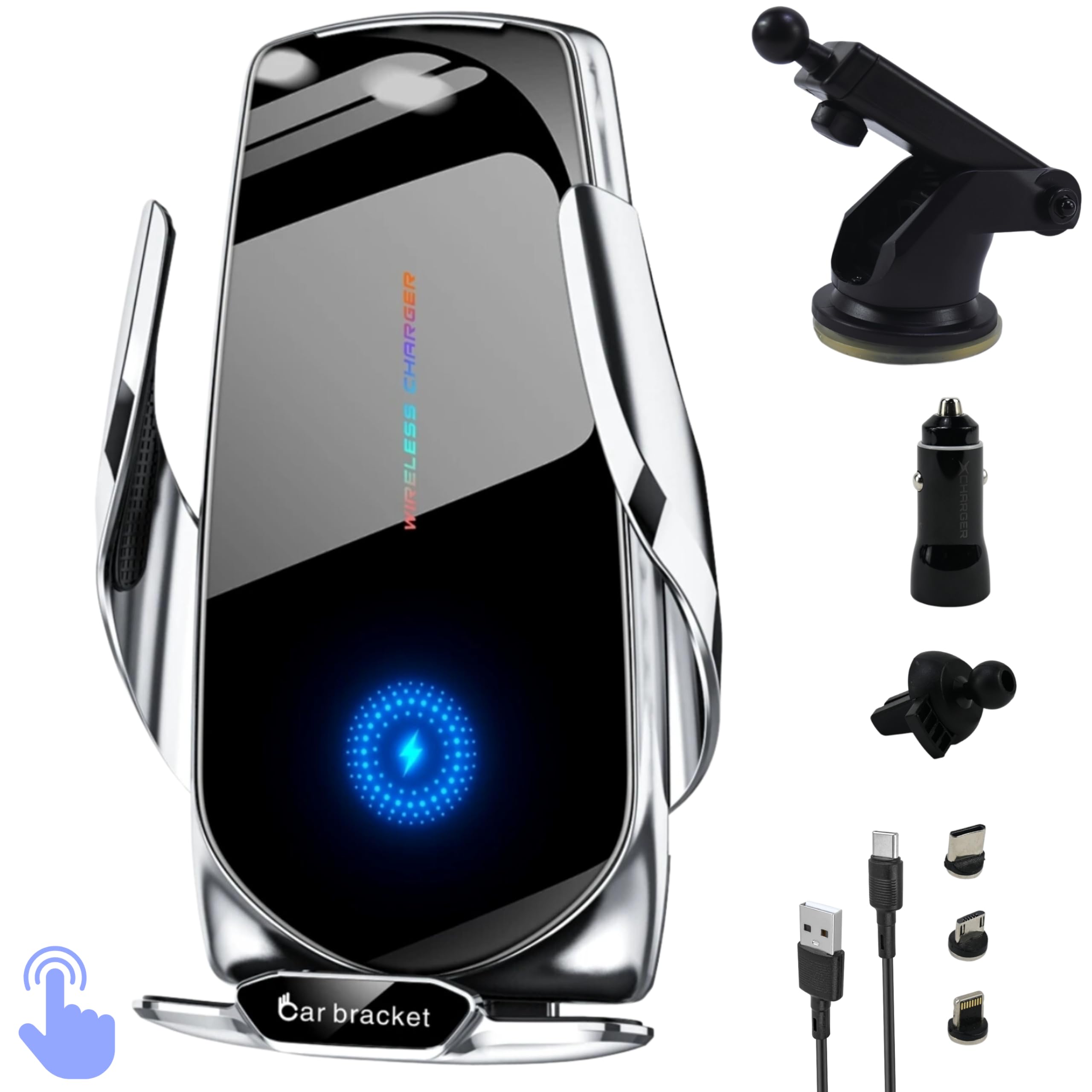 QI 15W Cargador Inalámbrico para Automóvil, Carga Rápida, Sensor de Apertura y sujeción automática, con Accesorios, Compatible con iPhone, Android, Huawei, Samsung, Xiaomi y Otros