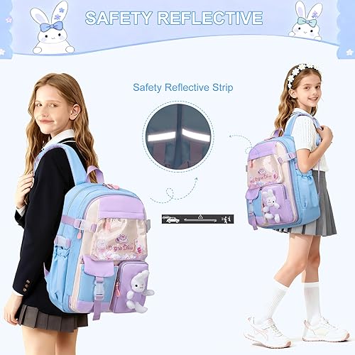 Miniatura 7 de WYCY Mochila para niñas, mochila linda de arena movediza para refrigerador, puerta, mochila escolar de gran capacidad Kawaii Bunny (Azul)