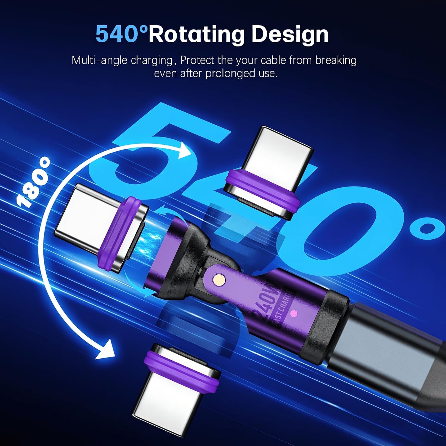 Magnetic USB C to C Adapter, 16-Pin 540°Anti-Arc Rotating Swivel, PD 240W Fast Charging 480Mbps Data Transfer, Secure Connection for Laptops Tablets, 3X Stronger Neodymium Magnet, 2Pack