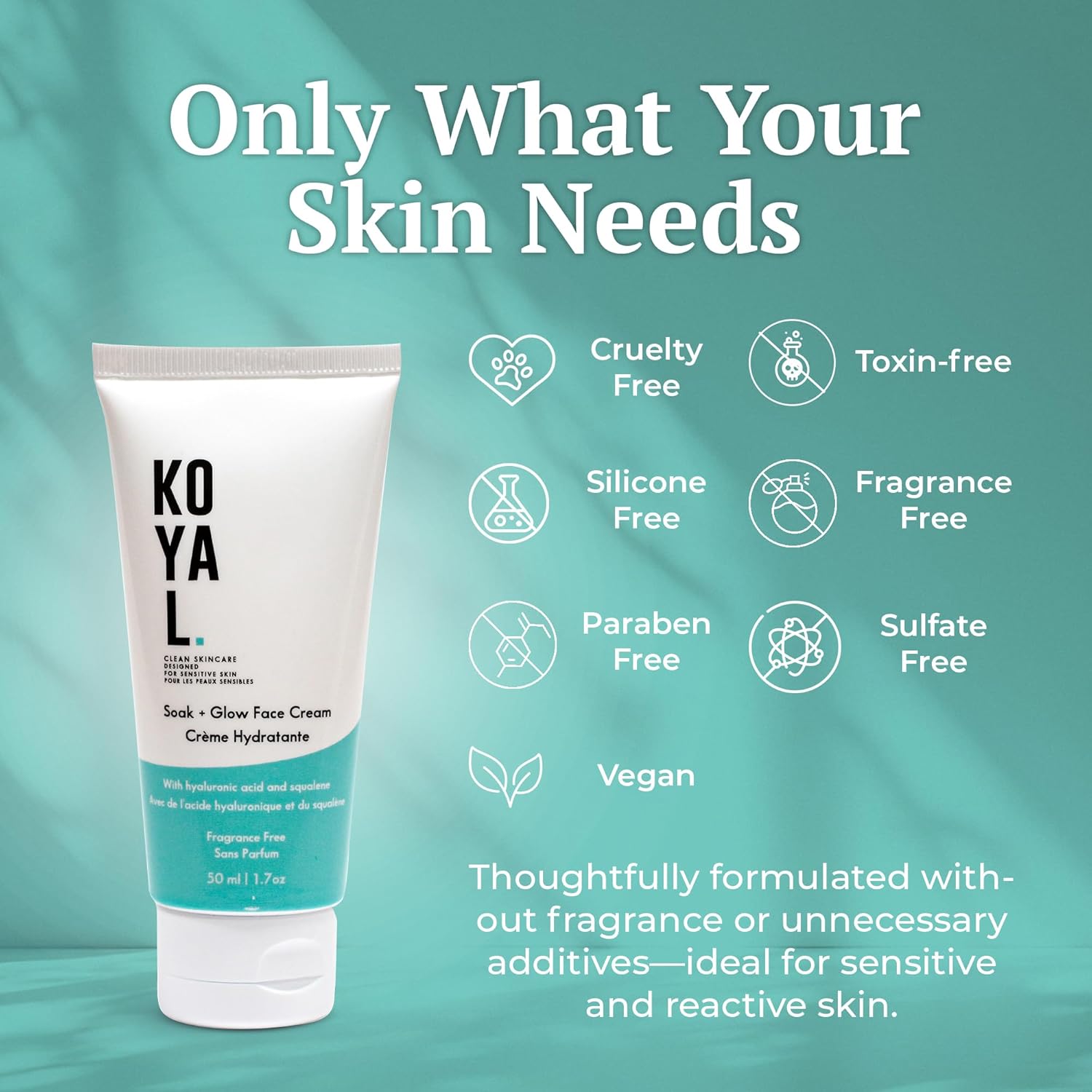Soak + Glow Face Cream with Hyaluronic Acid and Squalene for Sensitive Skin and Dry Skin