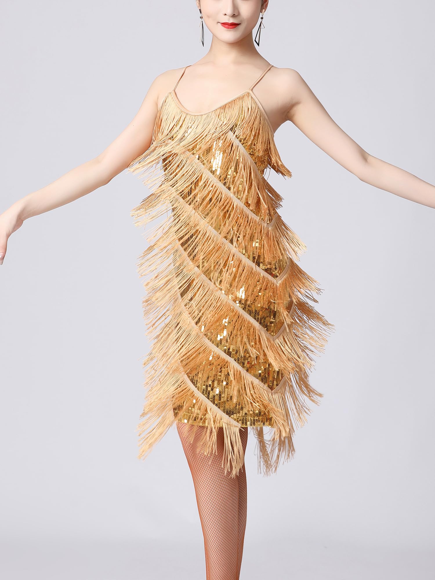 inhzoy Vestido de Baile Latino Lentejuelas para Mujer Vestido Flapper con Flecos de Lentejuelas Salsa Tango Salón de Baile Traje de Samba Chacha Disfraz Fiesta Dancewear