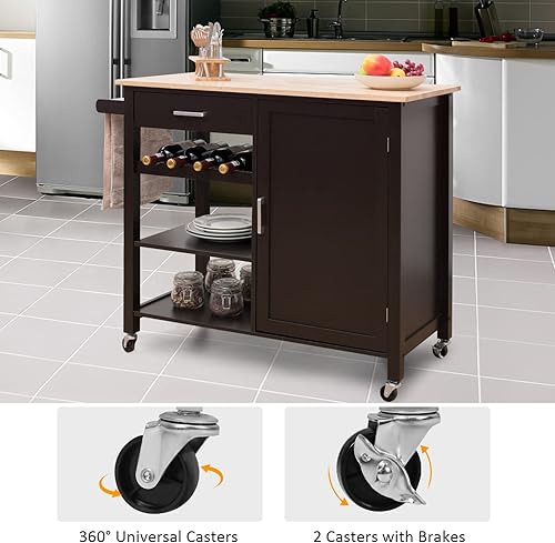 Miniatura 5 de COSTWAY Carrito de isla de almacenamiento de cocina con ruedas, carrito de cocina con estante para vino, estantes y toallero, ruedas de 360° y