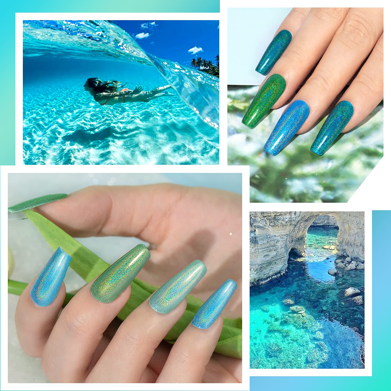RARJSM Juego de esmaltes de gel holográficos, esmalte de uñas de gel verde turquesa, kit de esmalte de uñas, colección de verano, 6 unidades, 7,5 ml, con efecto láser para manicura en casa
